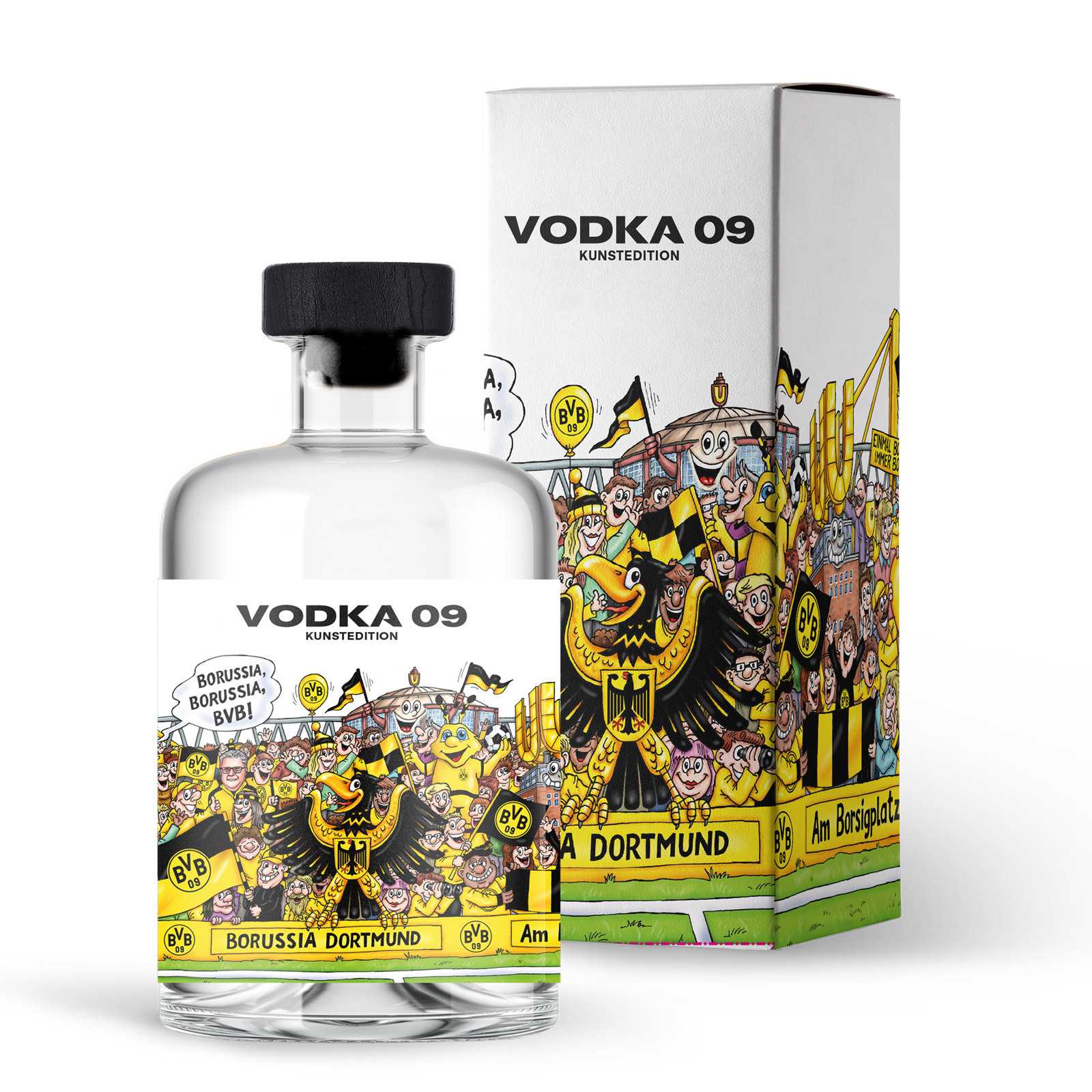 Frontansicht der BVB Vodka 09 Kunstedition-Flasche und -Verpackung mit schwarzgelbem Fanmotiv, BVB-Emblem und SIGNAL IDUNA PARK im Hintergrund.