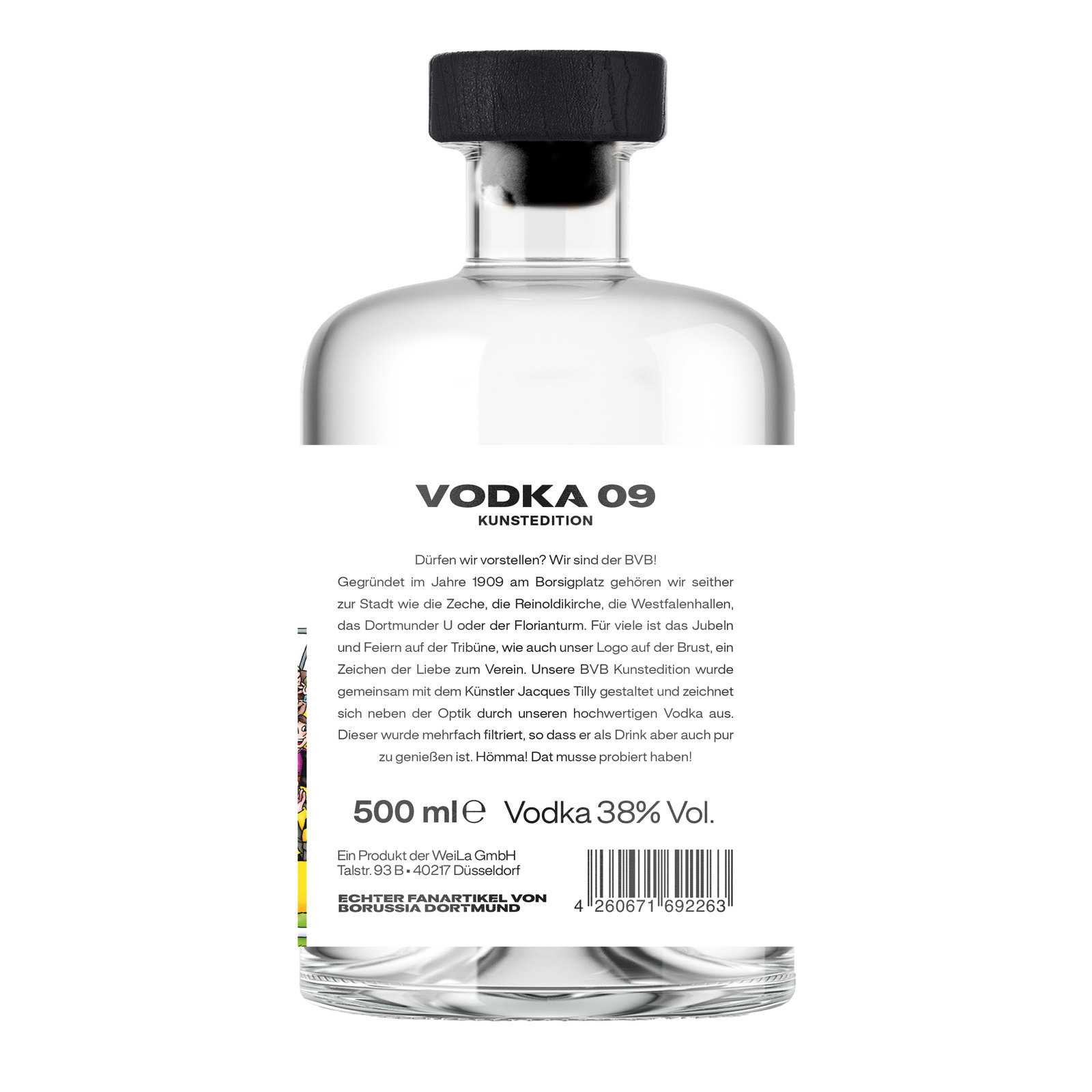 Rückansicht der BVB Vodka 09 Flasche aus der Kunstedition, klare Glasflasche mit schwarzem Verschluss und detaillierter Produktbeschreibung auf dem Etikett.