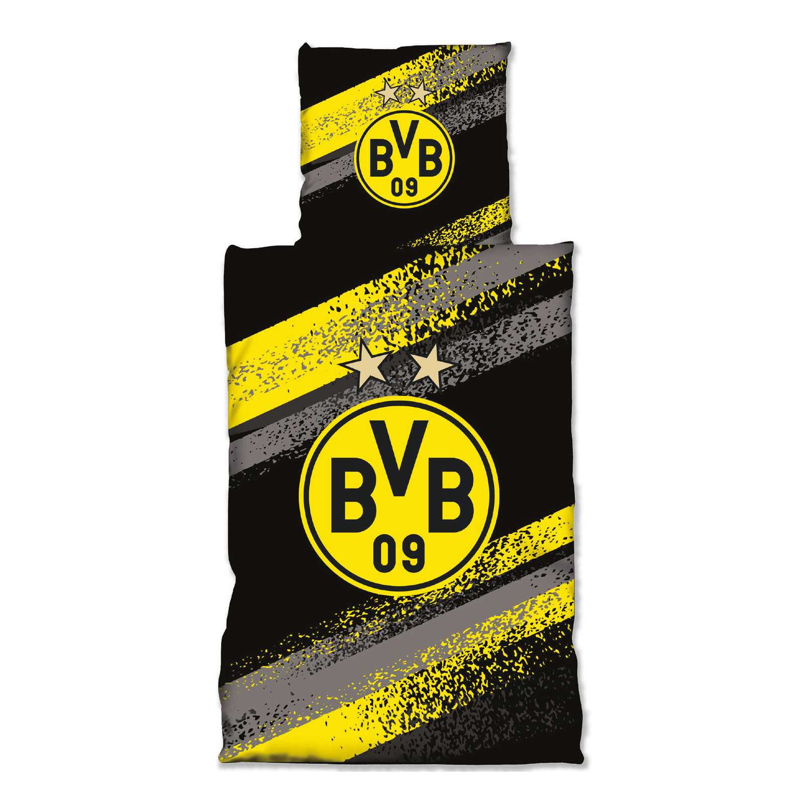 Vorderansicht der BVB-Bettwäsche Graffiti Streifen in schwarzgelb mit großem BVB-Emblem und dynamischen Graffiti-Streifen auf Kissen und Decke.