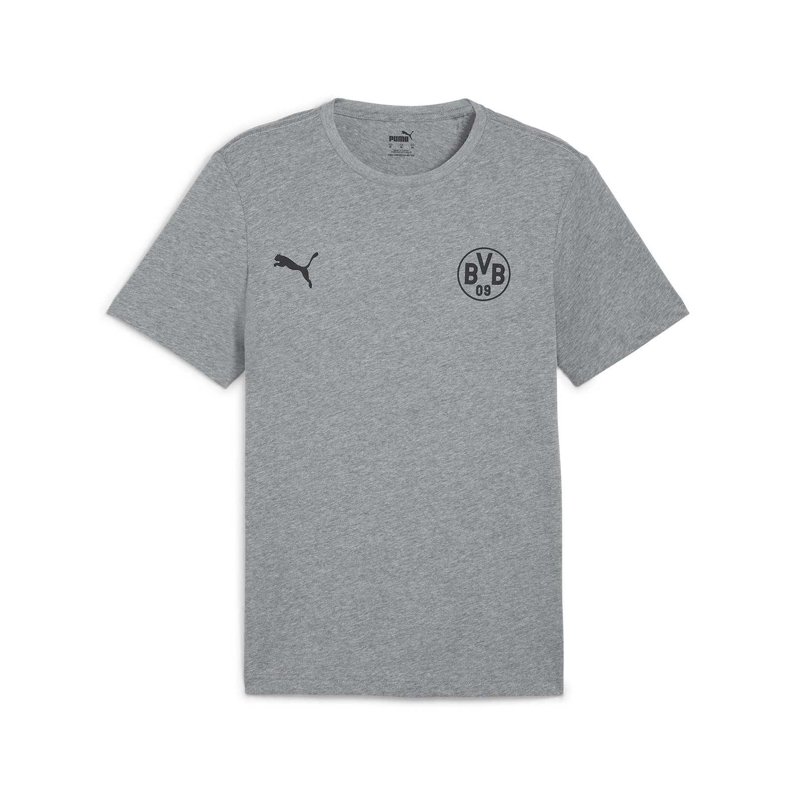 Vorderansicht des BVB T-Shirt Essential grau 2025 mit BVB-Emblem und Puma-Logo in Schwarz auf der Brust.