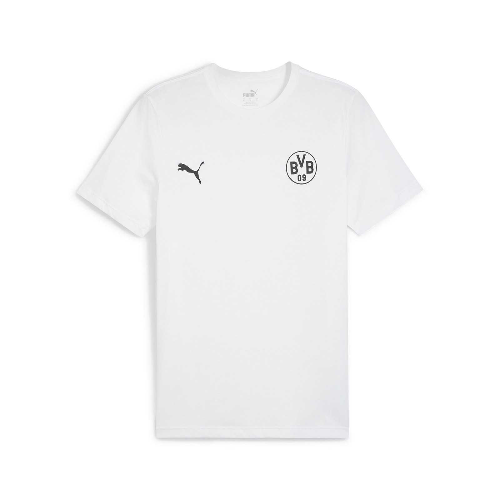 Vorderansicht des weißen BVB T-Shirt Essential 2025 mit schwarzem BVB-Emblem und Puma-Logo auf der Brust.