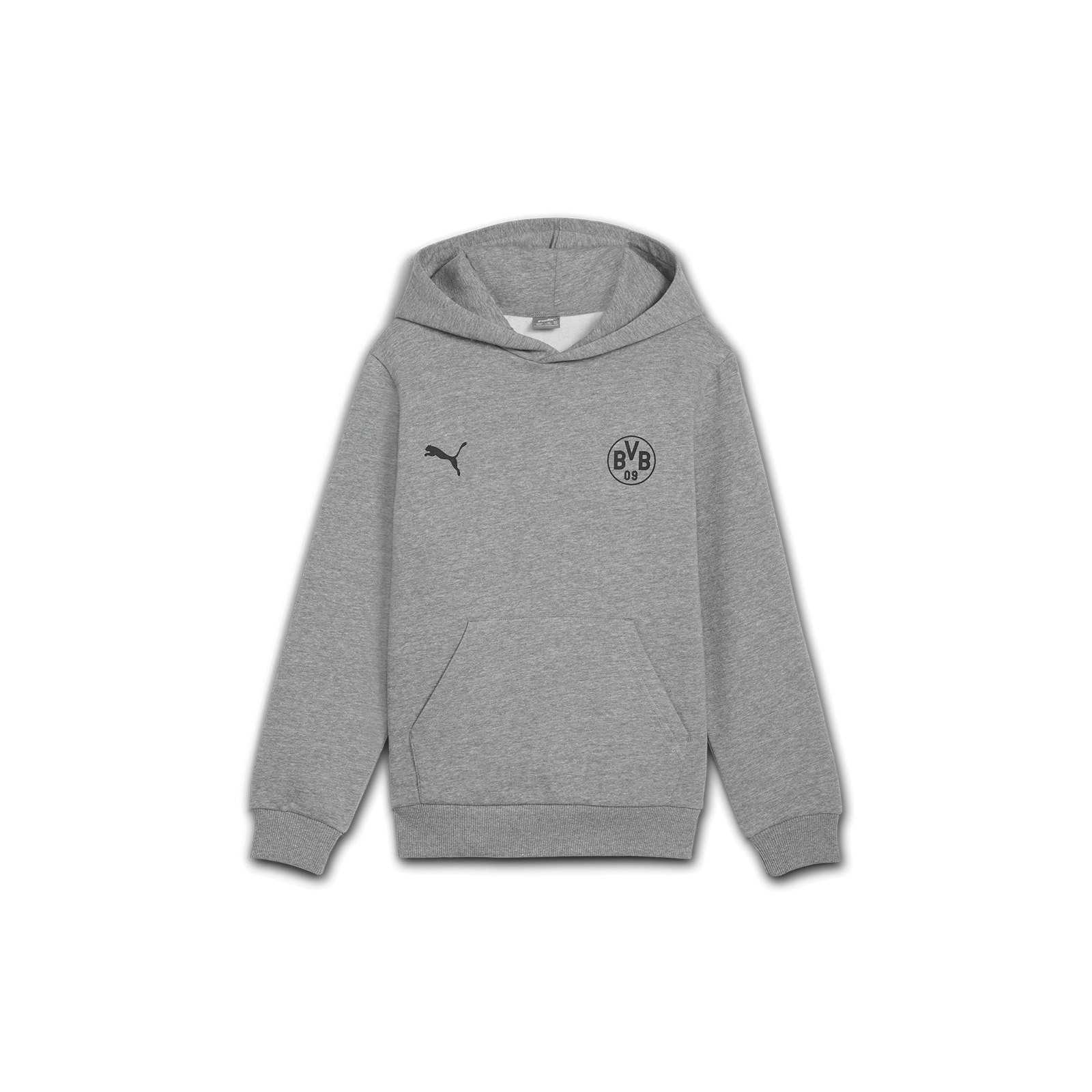 Vorderansicht des grauen BVB Hoodie Essential für Kinder mit Kängurutasche, BVB-Emblem und Puma-Logo auf der Brust.