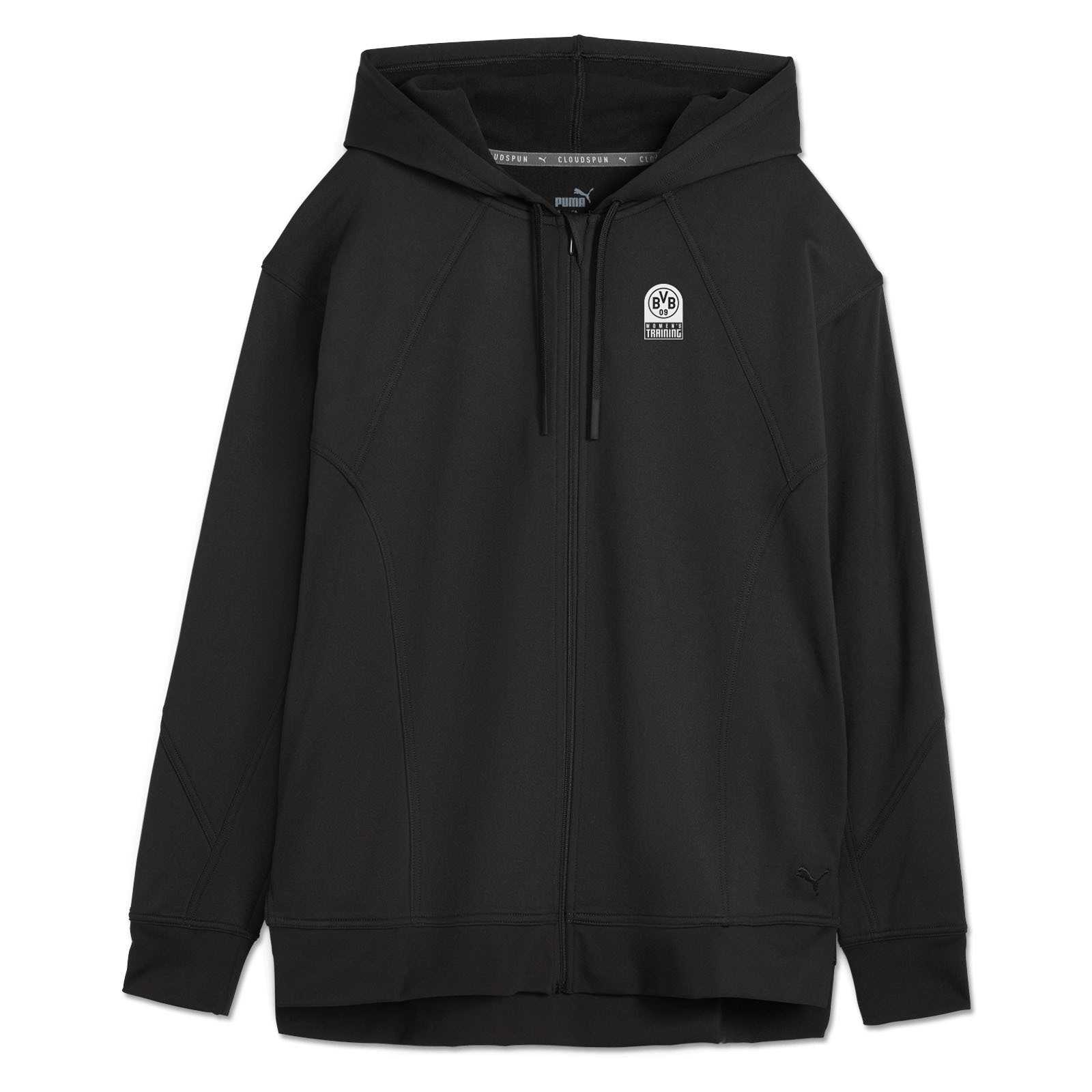 Vorderansicht des schwarzfarbenen BVB x PUMA Gym Zip Hoodie Damen mit Kapuze, sichtbarem BVB-Emblem und PUMA-Logo auf der Brust.