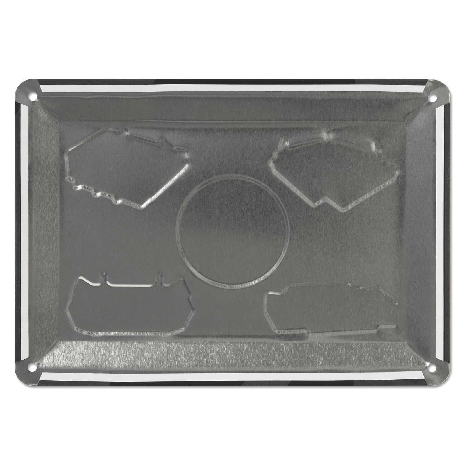 Rückansicht des BVB-Blechschild Tempel aus Metall mit Prägungen und Lochungen an den Ecken zur einfachen Befestigung.
