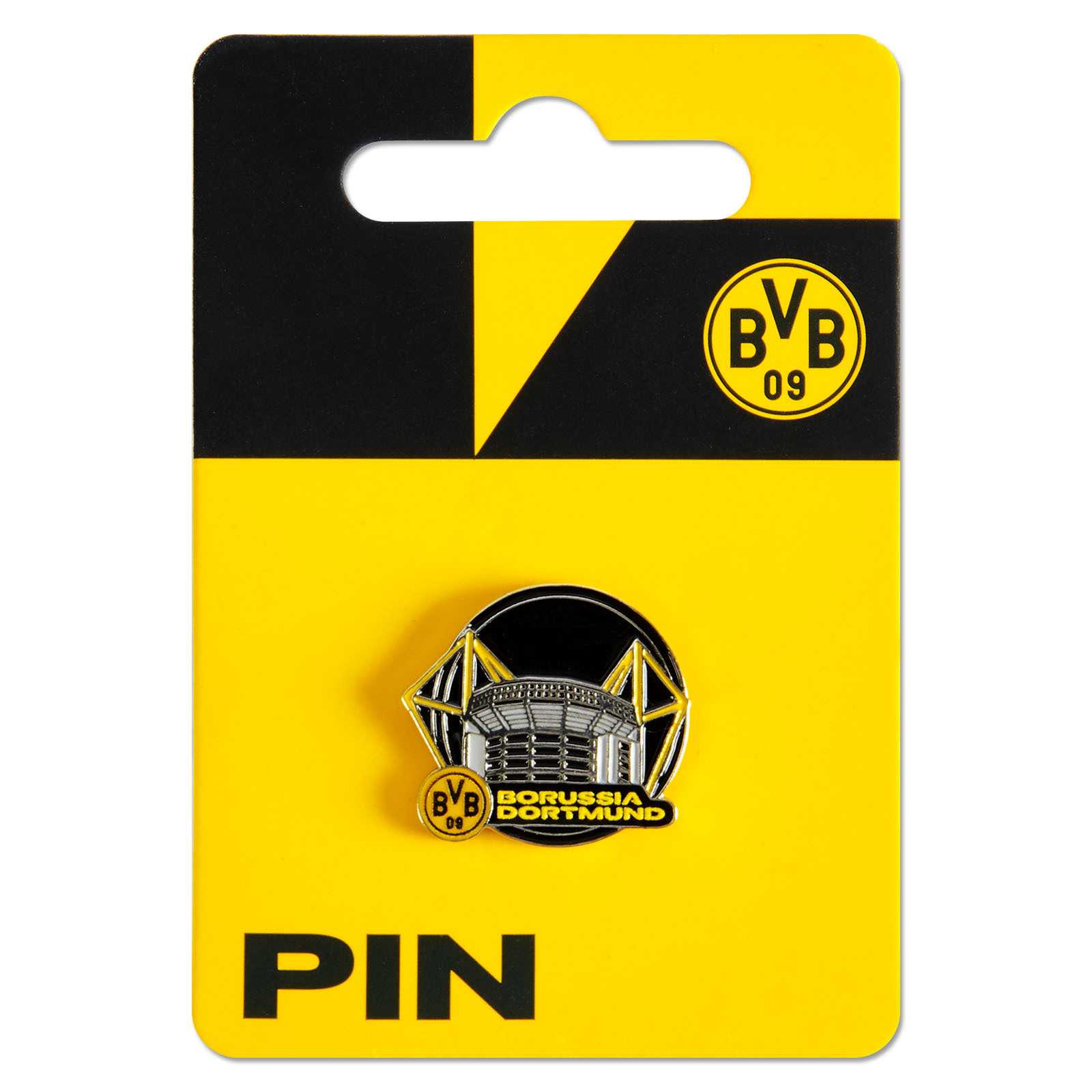 Vorderansicht des BVB Pin Stadion mit SIGNAL IDUNA PARK-Motiv und BVB-Emblem, präsentiert auf einer schwarzgelben Karte mit BVB 09 Logo.