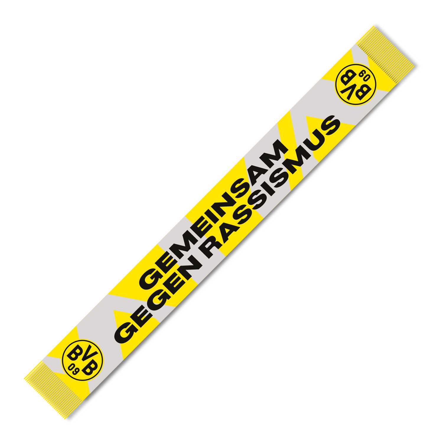 Frontalansicht des BVB Schals Gemeinsam gegen Rassismus in schwarzgelb mit BVB-Emblem an beiden Enden und dem Slogan "GEMEINSAM GEGEN RASSISMUS".