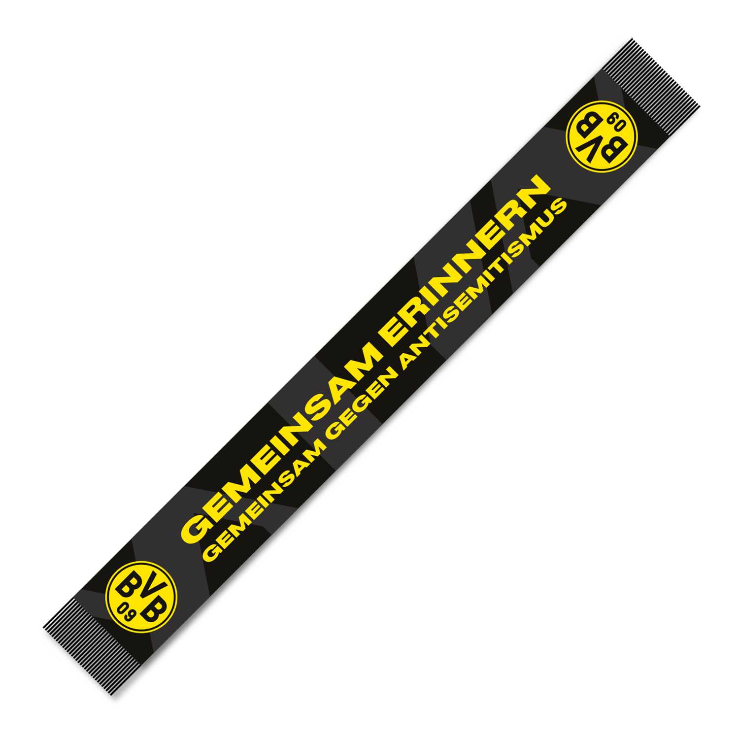 BVB Schal Gemeinsam gegen Antisemitismus in schwarzgelb, Vorderansicht mit BVB-Emblem und dem Schriftzug „Gemeinsam erinnern – Gemeinsam gegen Antisemitismus“.
