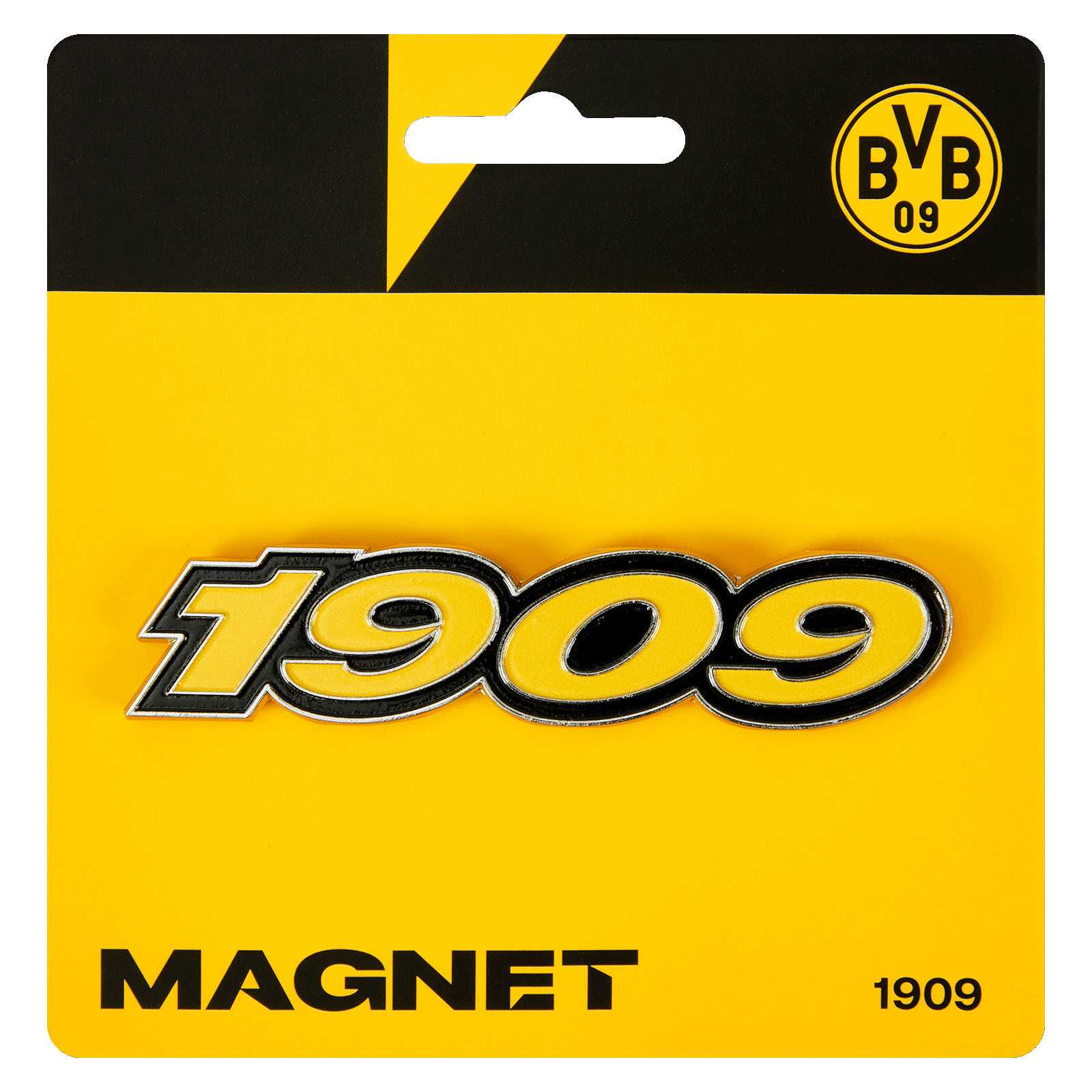 Frontansicht des BVB Magnet 1909 in gelb mit schwarzer Umrandung, auf gelber Verpackung mit BVB-Emblem und schwarzer Aufschrift "MAGNET".