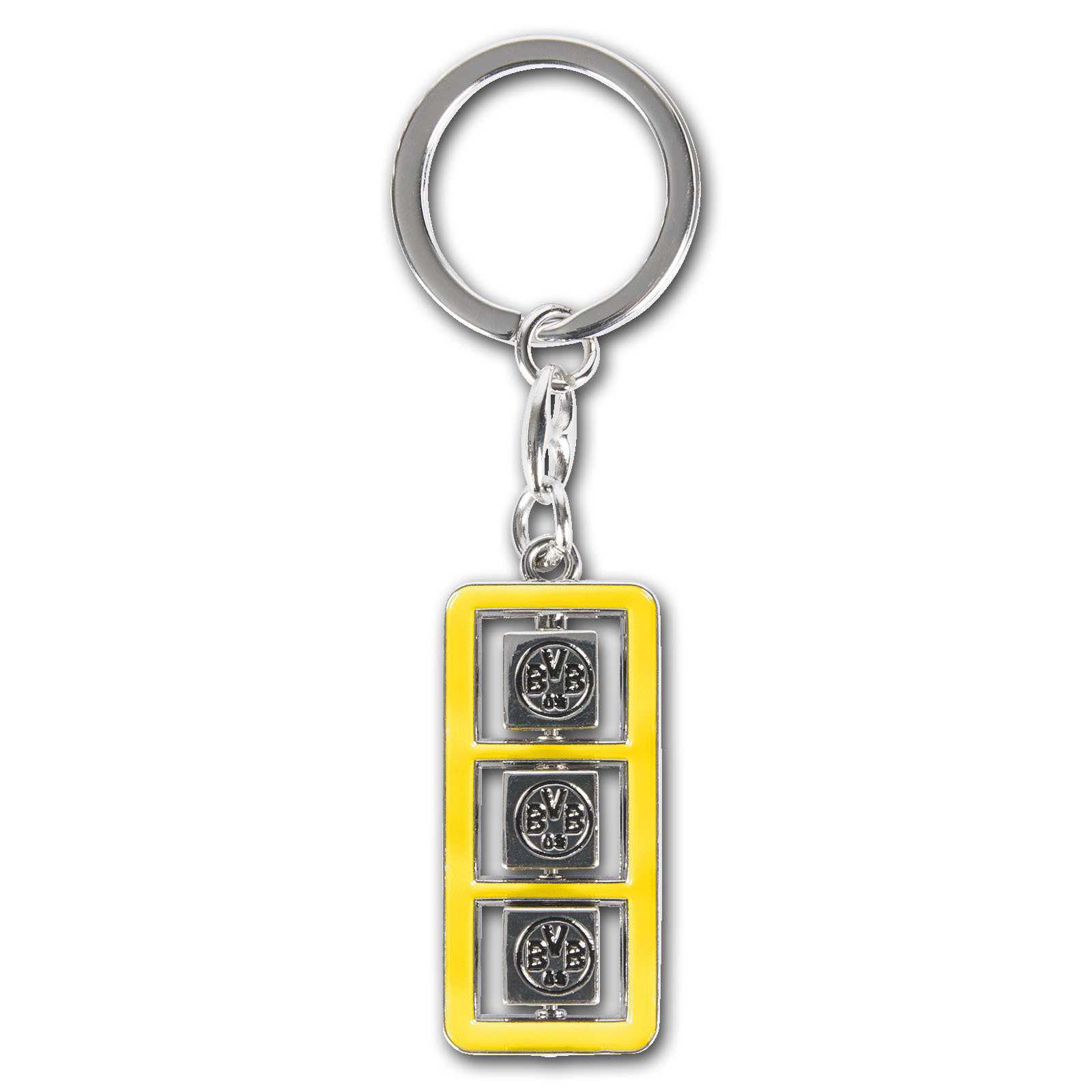 Vorderansicht des BVB Schlüsselanhänger Würfel mit drei kleinen Metallwürfeln im gelben Rahmen, alle Würfelseiten zeigen das BVB-Emblem.