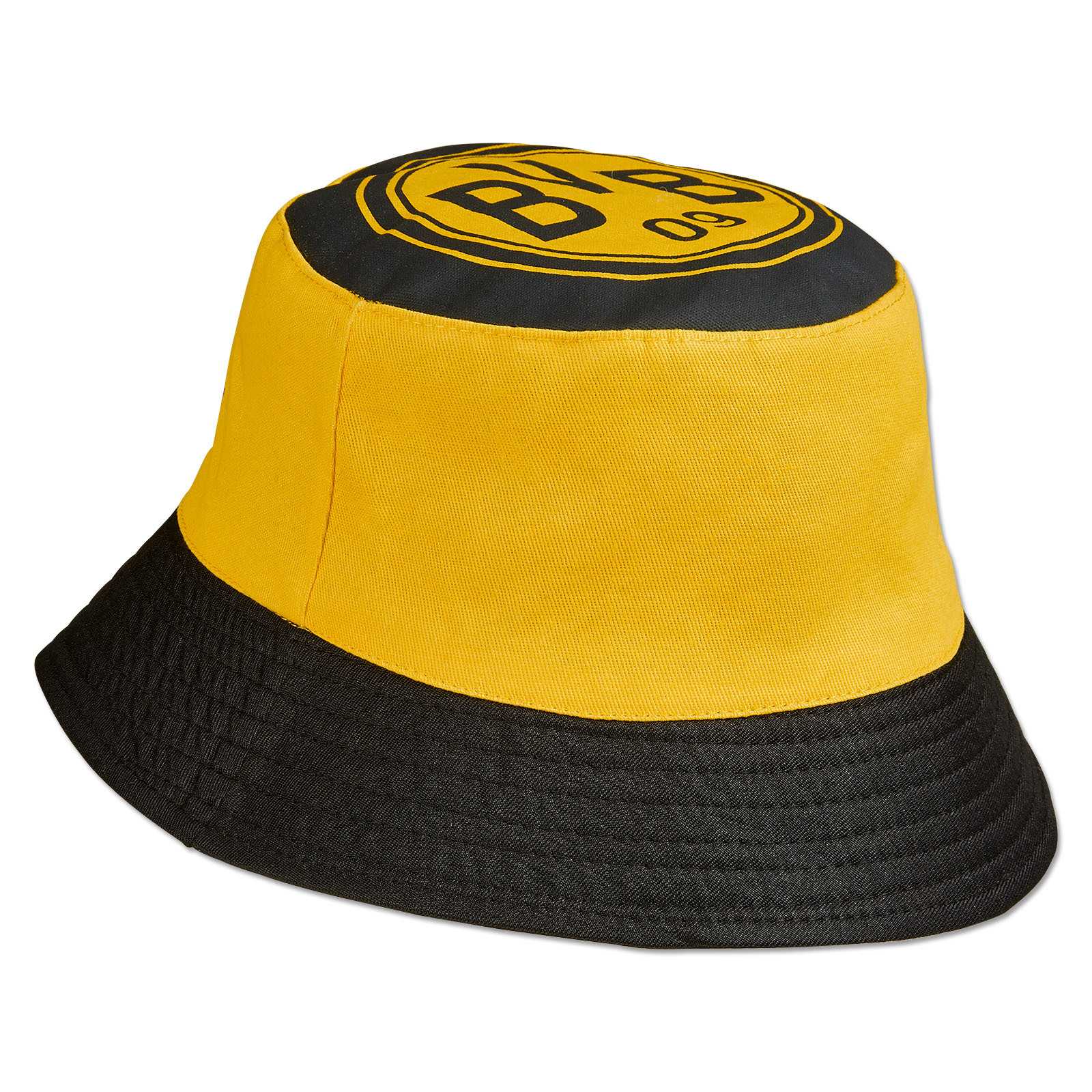Seitenansicht des schwarzgelben BVB Fischerhuts BVB09 mit BVB-Emblem auf der Oberseite und schwarzer Krempe.