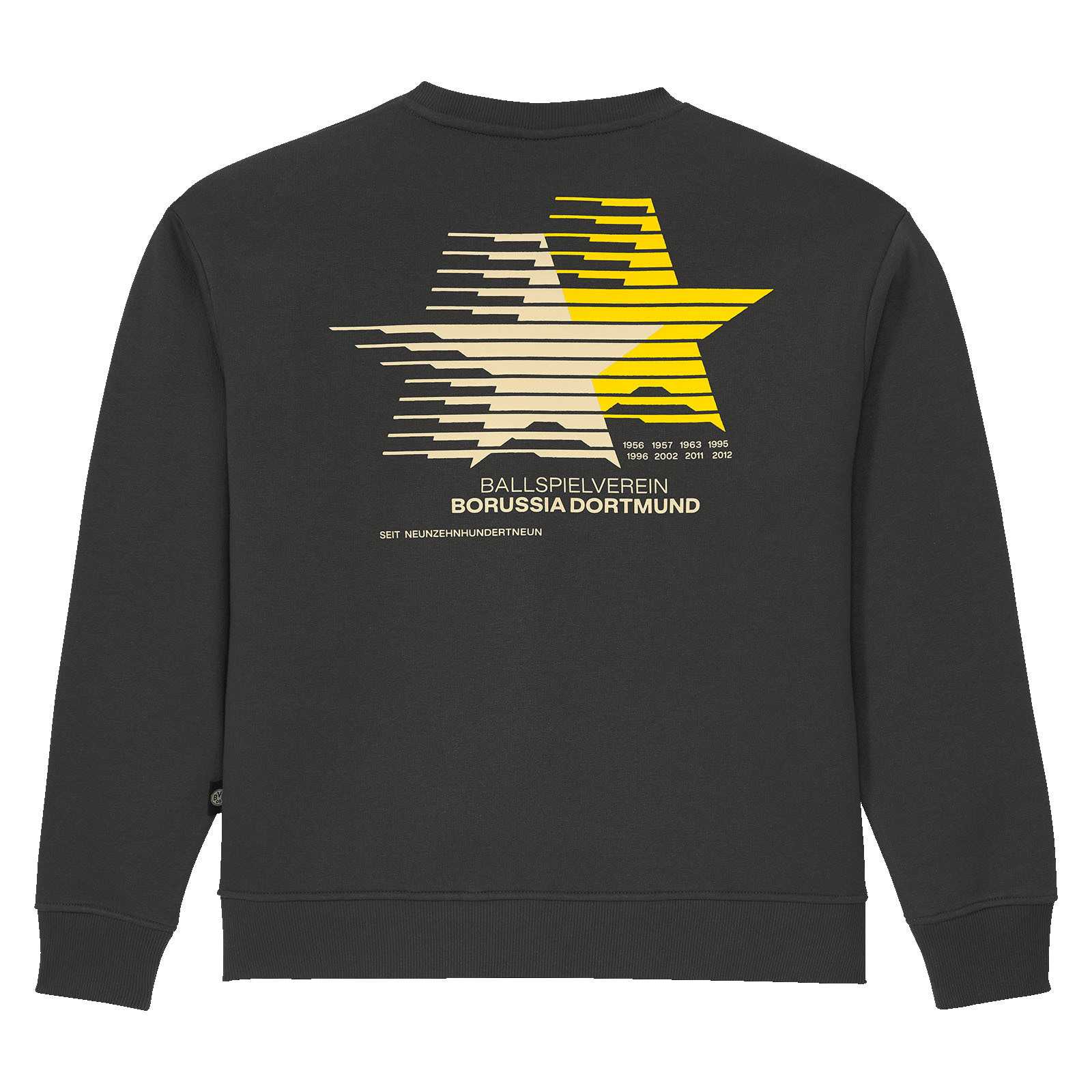 Rückansicht des grauen BVB Type Crewneck Damen-Sweaters mit großem schwarzgelben Sternmotiv und „Borussia Dortmund“-Schriftzug auf dem Rücken.
