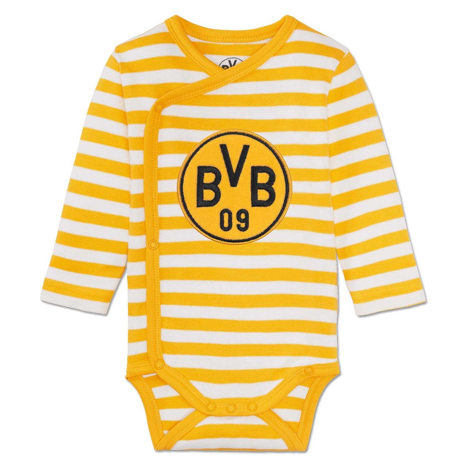 Vorderansicht des BVB Longsleeve-Niki-Set Baby mit gelb-weißen Streifen und großem BVB-Emblem auf der Brust. Druckknöpfe an Seite und Schritt.