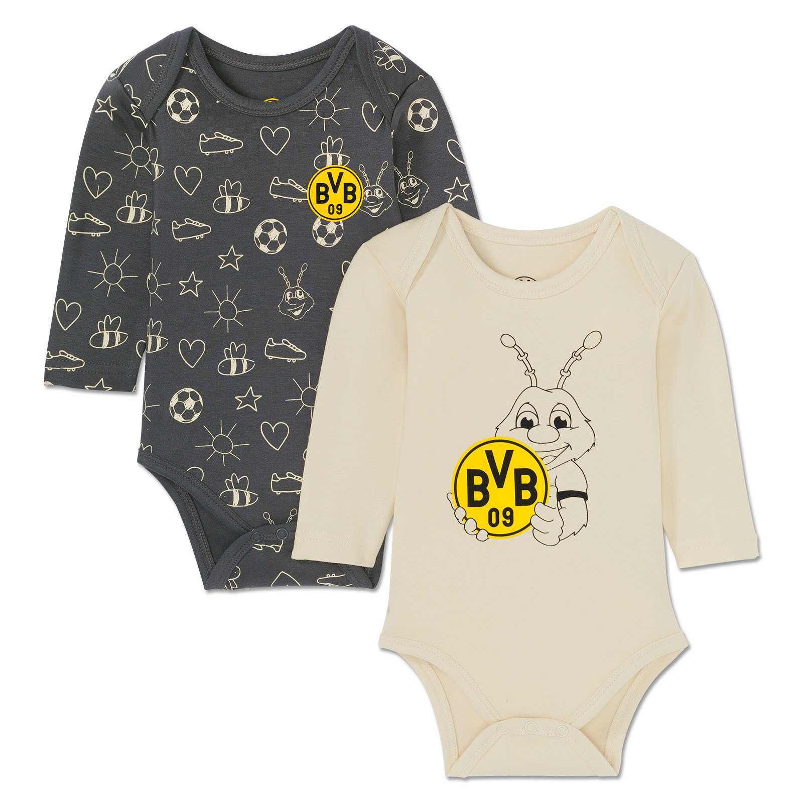 Vorderansicht des BVB Print Body-Set Baby mit zwei Langarmbodys, einer in creme mit EMMA und BVB-Emblem, der andere in dunkelgrau mit Fußballmotiven und BVB-Emblem.