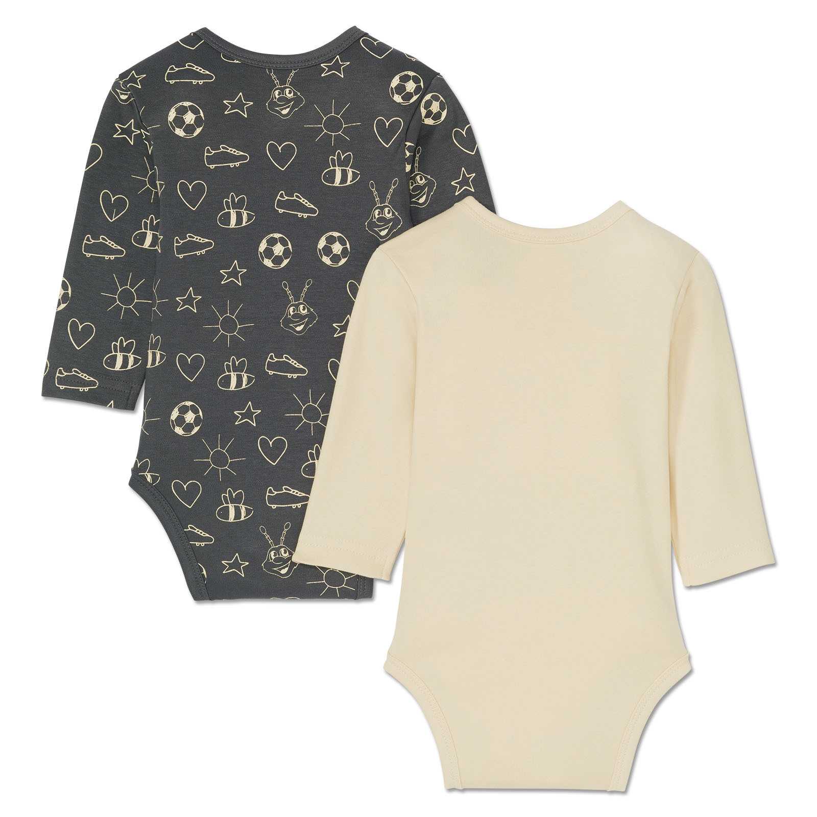 Rückansicht des BVB Print Body-Set Baby mit zwei Langarmbodys, einer in creme und einer in schwarzgelb mit EMMA-, Fußball- und Herzmotiven.