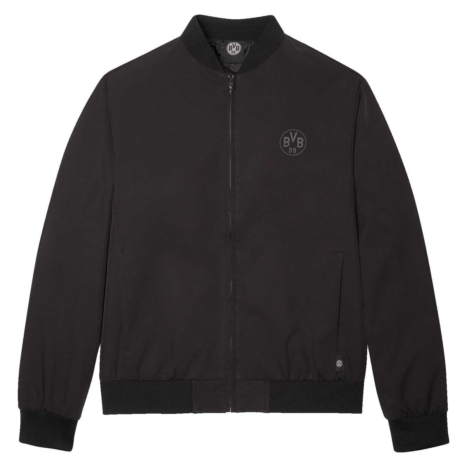 Vorderansicht der BVB Übergangsjacke schwarz mit Reißverschluss, Stehkragen und dezentem BVB-Emblem auf der Brust.