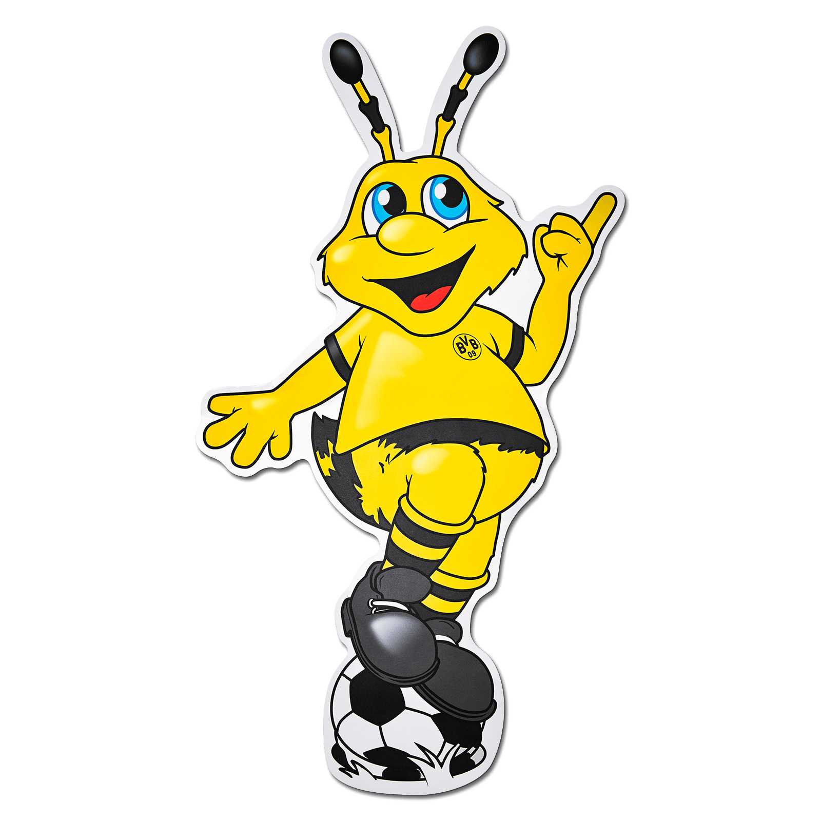 Vorderansicht des BVB EMMA Wandtattoos mit dem lächelnden Maskottchen EMMA im schwarzgelben Trikot, BVB-Emblem sichtbar, ein Fuß auf einem Fußball.
