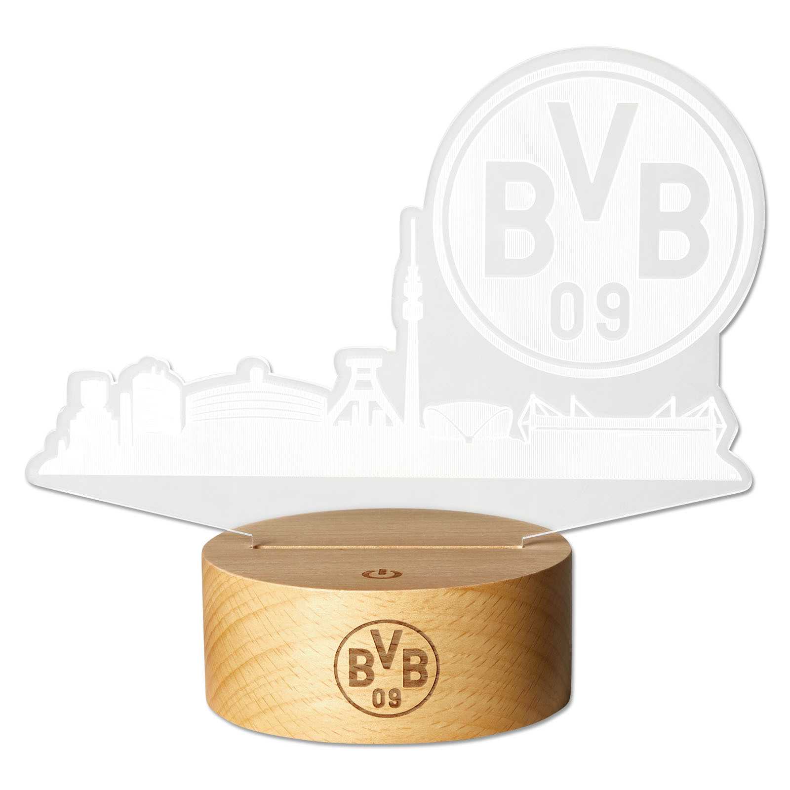 Frontansicht der BVB LED Leuchte mit Skyline und großem BVB-Emblem, auf Holzsockel mit BVB 09 Gravur. Perfekt als Fan-Dekoration.