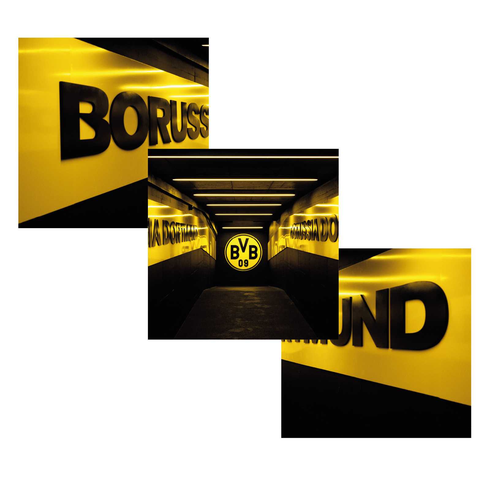 Kunstdruck-Serie Spielertunnel mit drei schwarzgelben Motiven aus dem SIGNAL IDUNA PARK, mittig das BVB-Emblem im Spielertunnel frontal zu sehen.