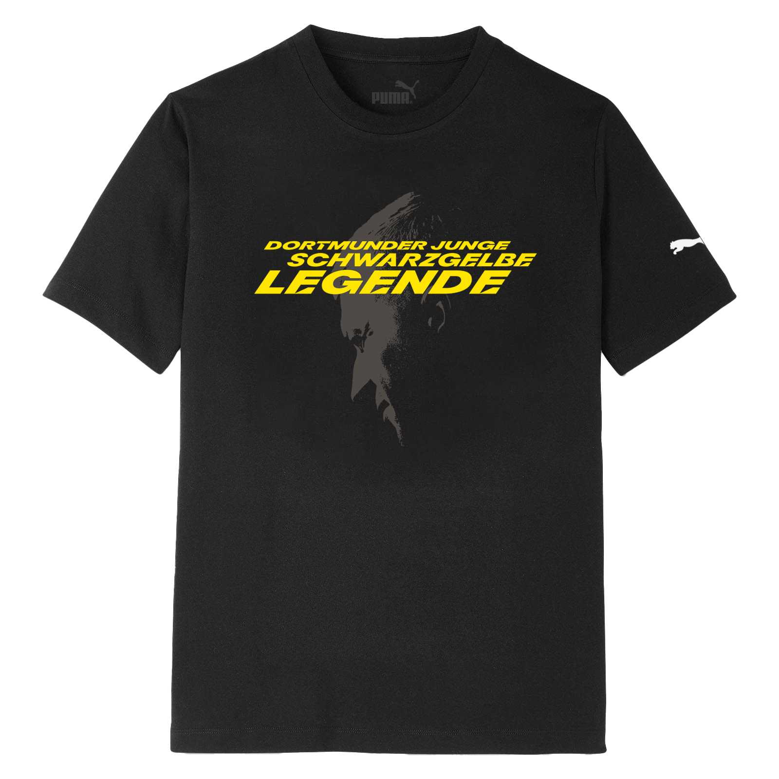 Vorderansicht des BVB-T-Shirts Abschied Reus Kinder in schwarz mit gelbem Schriftzug und Reus-Porträt; Puma-Logo auf dem Ärmel sichtbar.