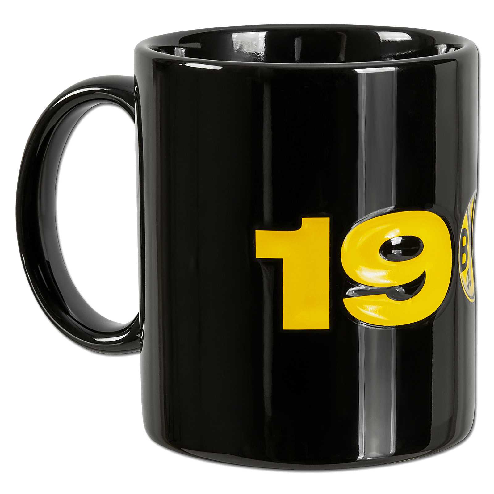 Seitenansicht der schwarzgelben BVB 1909-Tasse mit großer gelber Zahl "19" und teilweise sichtbarem BVB-Emblem auf glänzender schwarzer Oberfläche.