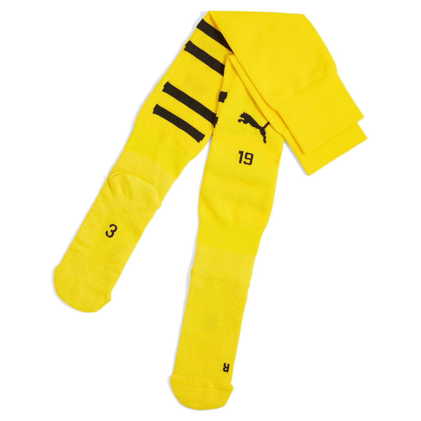 Detailansicht der BVB Stutzen 24/25 gelb in leuchtendem Gelb mit schwarzen Streifen und Puma-Logo. Socken für die neue Saison, ohne sichtbares BVB-Emblem.