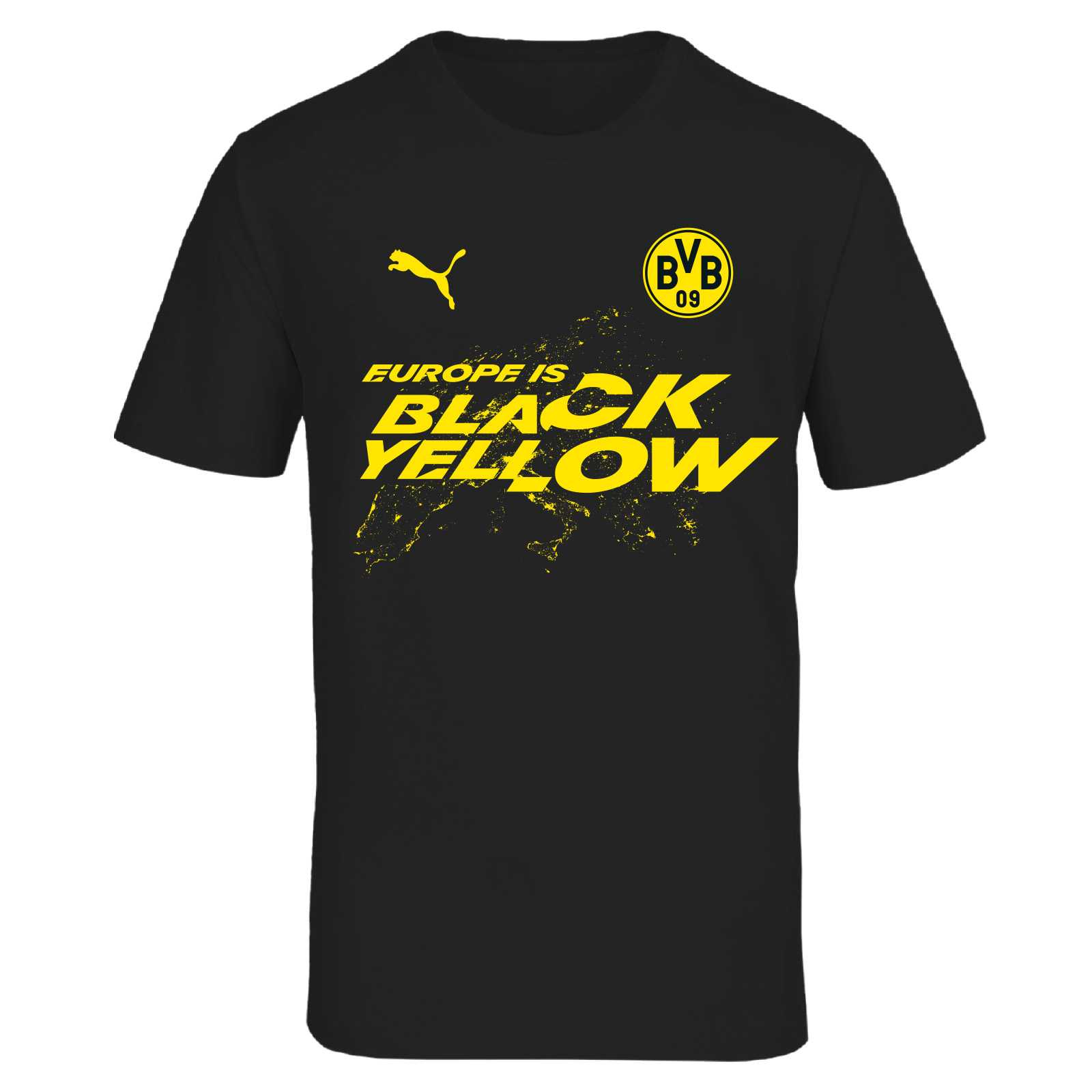 Vorderansicht des BVB T-Shirts Europe is Black Yellow in schwarzgelb mit gelbem Puma-Logo, BVB-Emblem und Schriftzug auf der Brust.