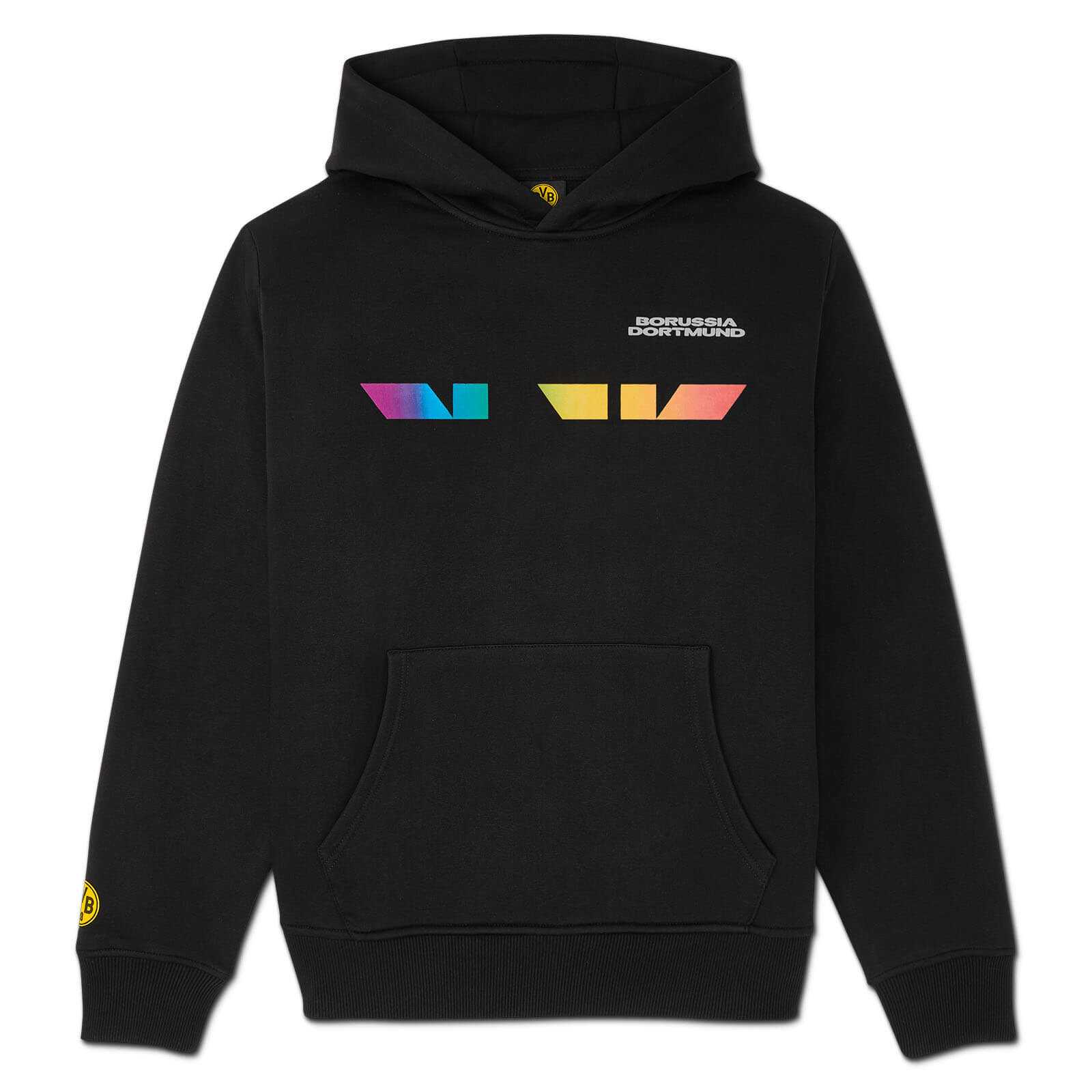 Vorderansicht des schwarzen BVB Rainbow Hoodie Unisex mit Regenbogen-Design auf der Brust, "Borussia Dortmund"-Schriftzug und BVB-Emblem am Ärmel.