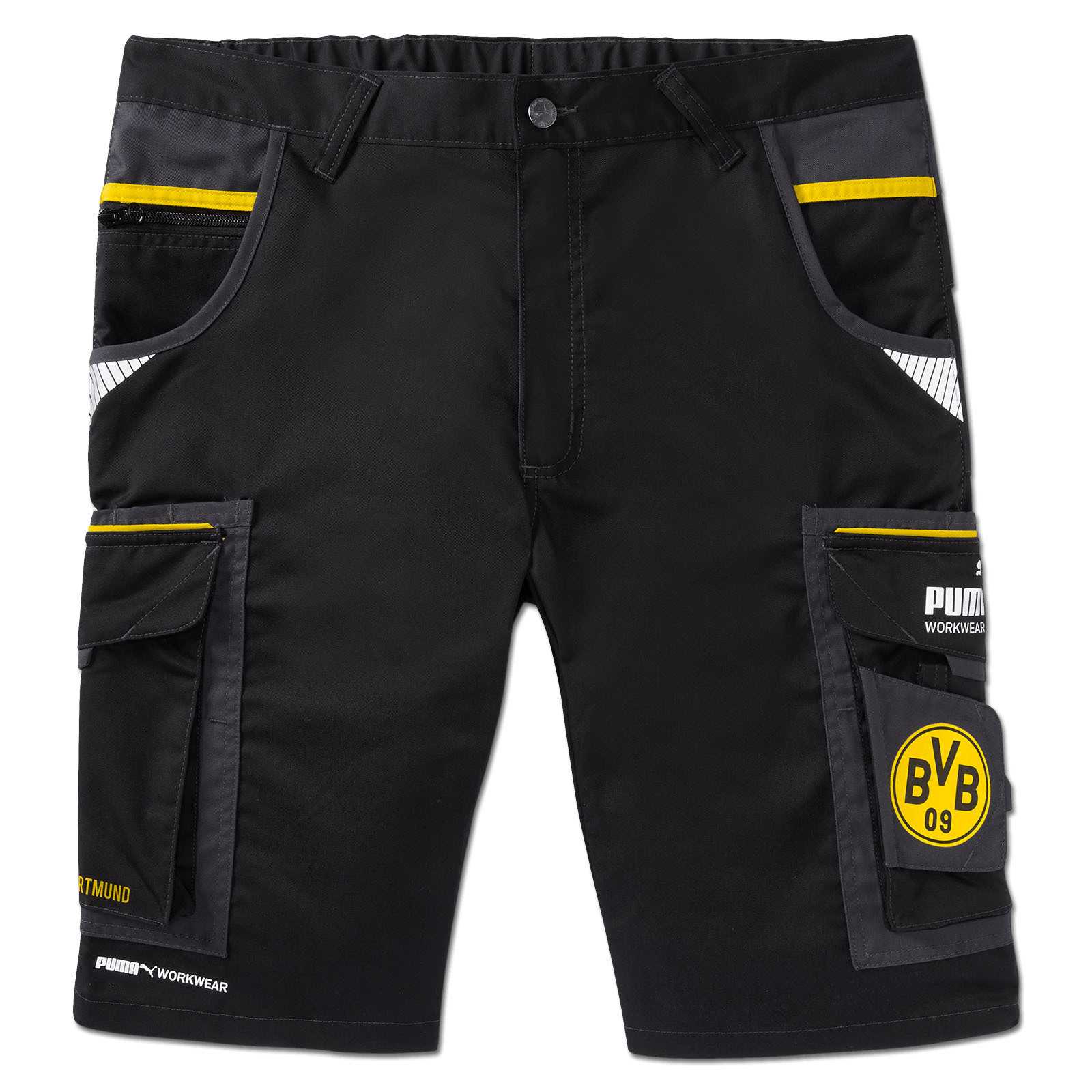 Frontansicht der schwarzgelben BVB Arbeitsshorts von PUMA Workwear mit mehreren Taschen und großem BVB-Emblem auf der rechten Beintasche.