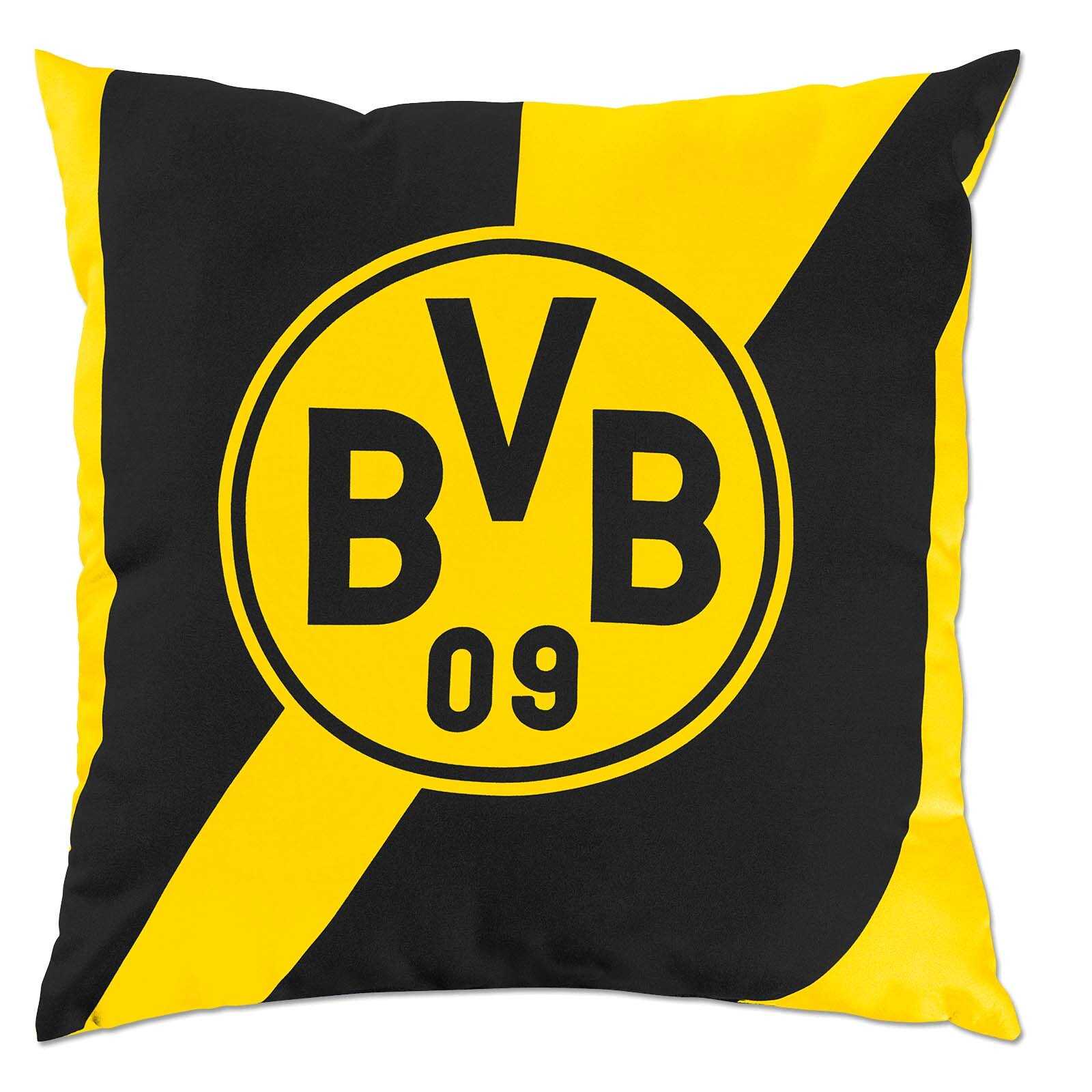 Vorderansicht des BVB Kissens schwarzgelb mit großem BVB-Emblem mittig und diagonalen farblichen Streifen im Schwarzgelb-Design.
