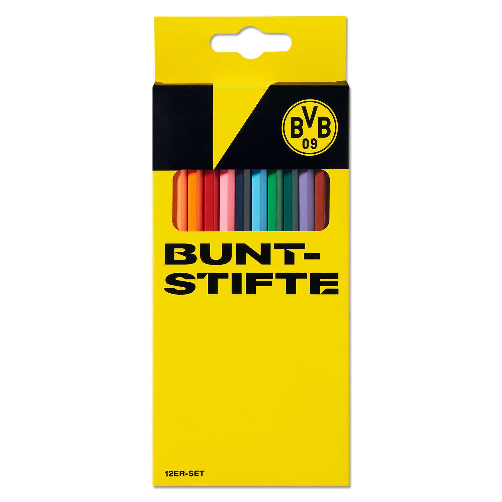 Vorderansicht des BVB Buntstifte 12er-Set in gelber Verpackung mit schwarzgelbem BVB-Emblem, sichtbaren bunten Stiften und großem "BUNTSTIFTE"-Schriftzug.