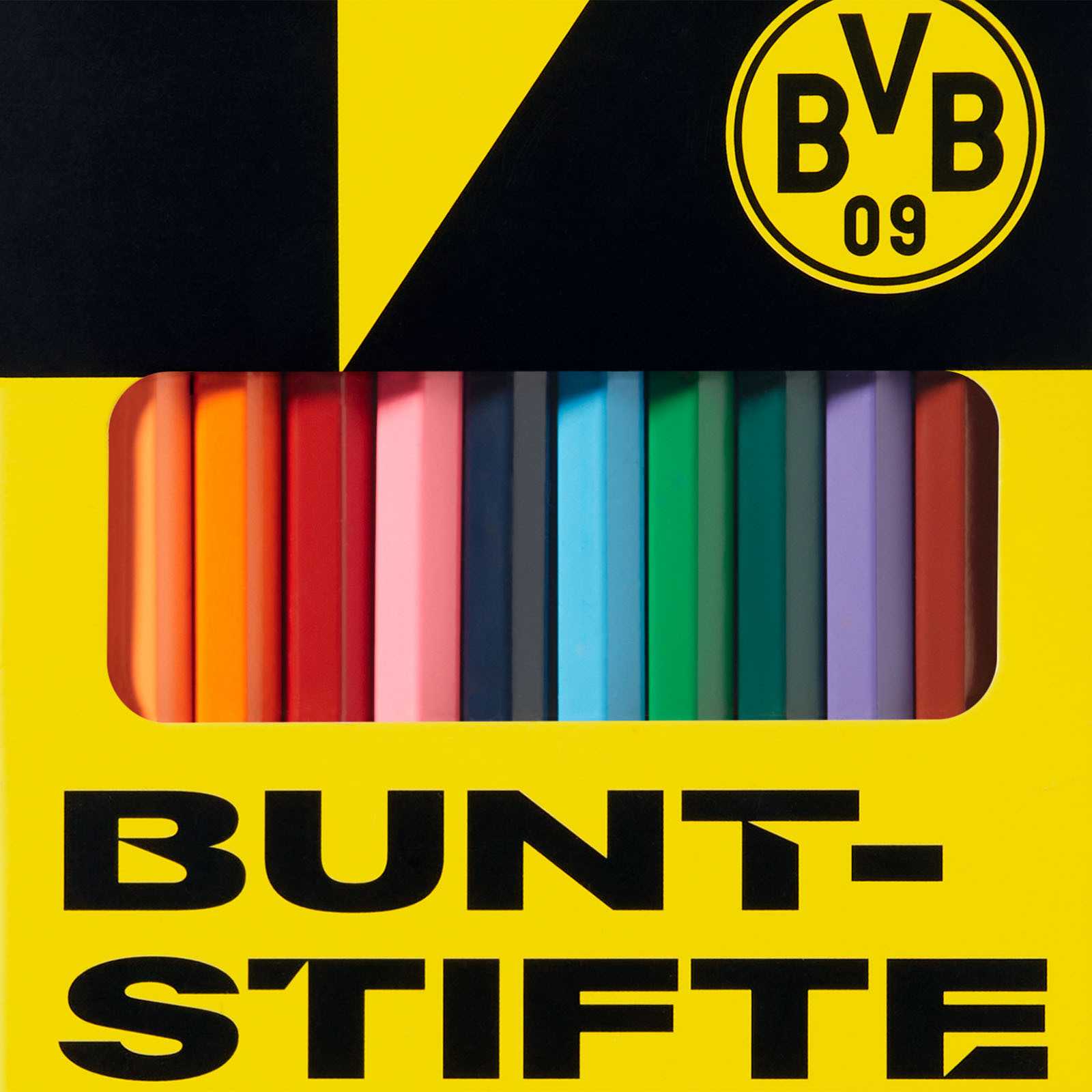 Frontansicht des BVB Buntstifte 12er-Set in einer schwarzgelben Verpackung mit BVB-Emblem, Sichtfenster zeigt zwölf verschiedenfarbige Stifte.