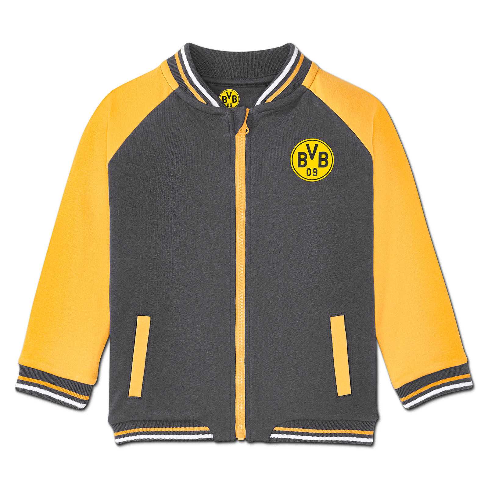Vorderansicht der BVB Collegejacke Kleinkinder in schwarzgelb mit gelben Ärmeln, Reißverschluss und BVB-Emblem auf der Brust.