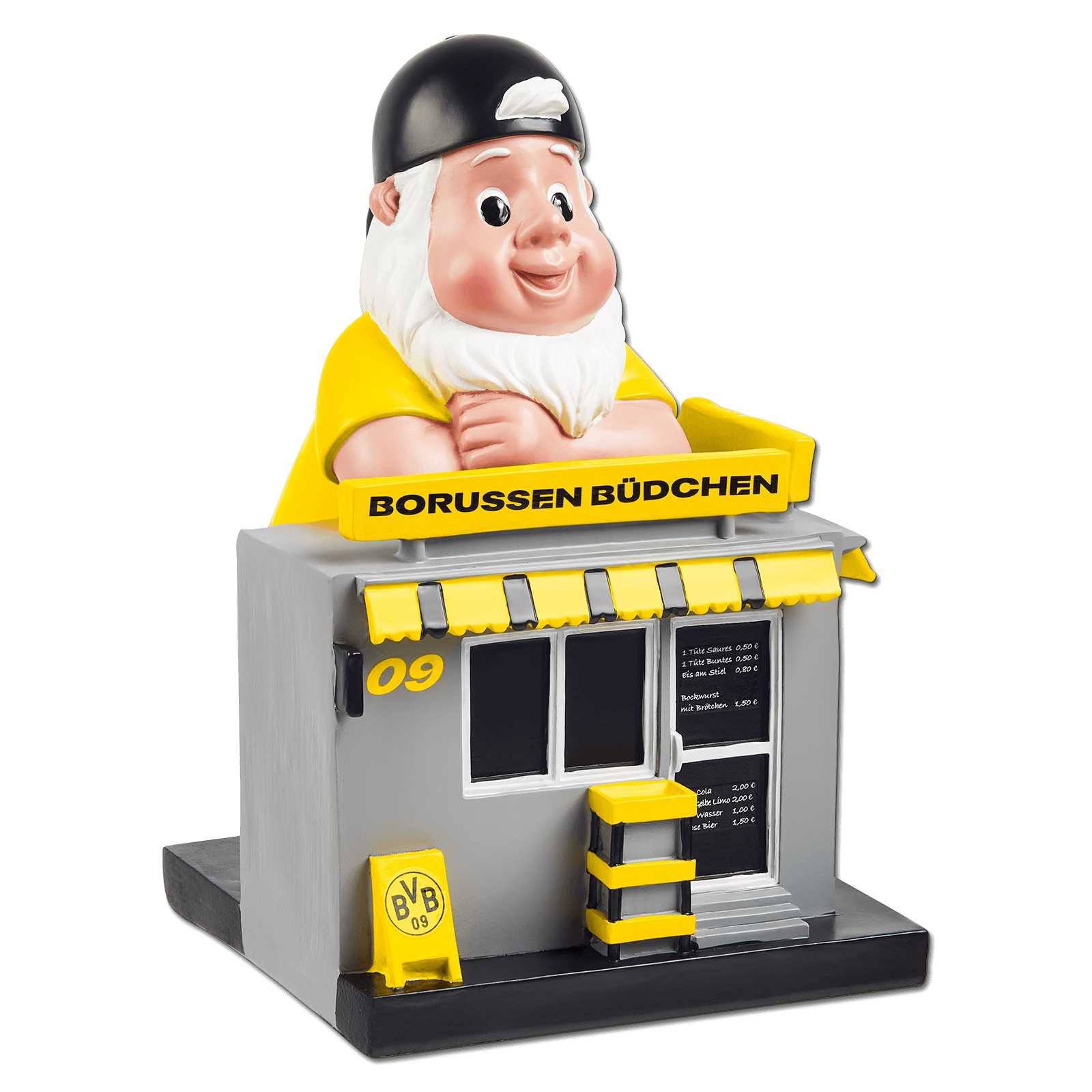 Frontalansicht des BVB Gartenzwerg Kiosk in schwarzgelb mit Zwergfigur im BVB-Shirt, BVB-Emblem und Schriftzug „Borussen Büdchen“ auf dem Dach.