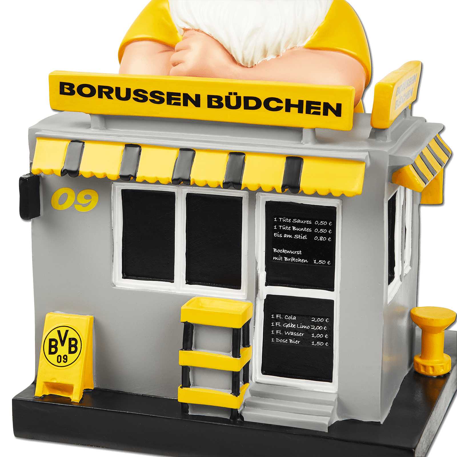 Frontansicht des BVB Gartenzwerg Kiosk, gestaltet als schwarzgelber Kiosk mit Markise, BVB-Emblem und ausgestelltem Zwerg im Borussia Dortmund-Outfit.