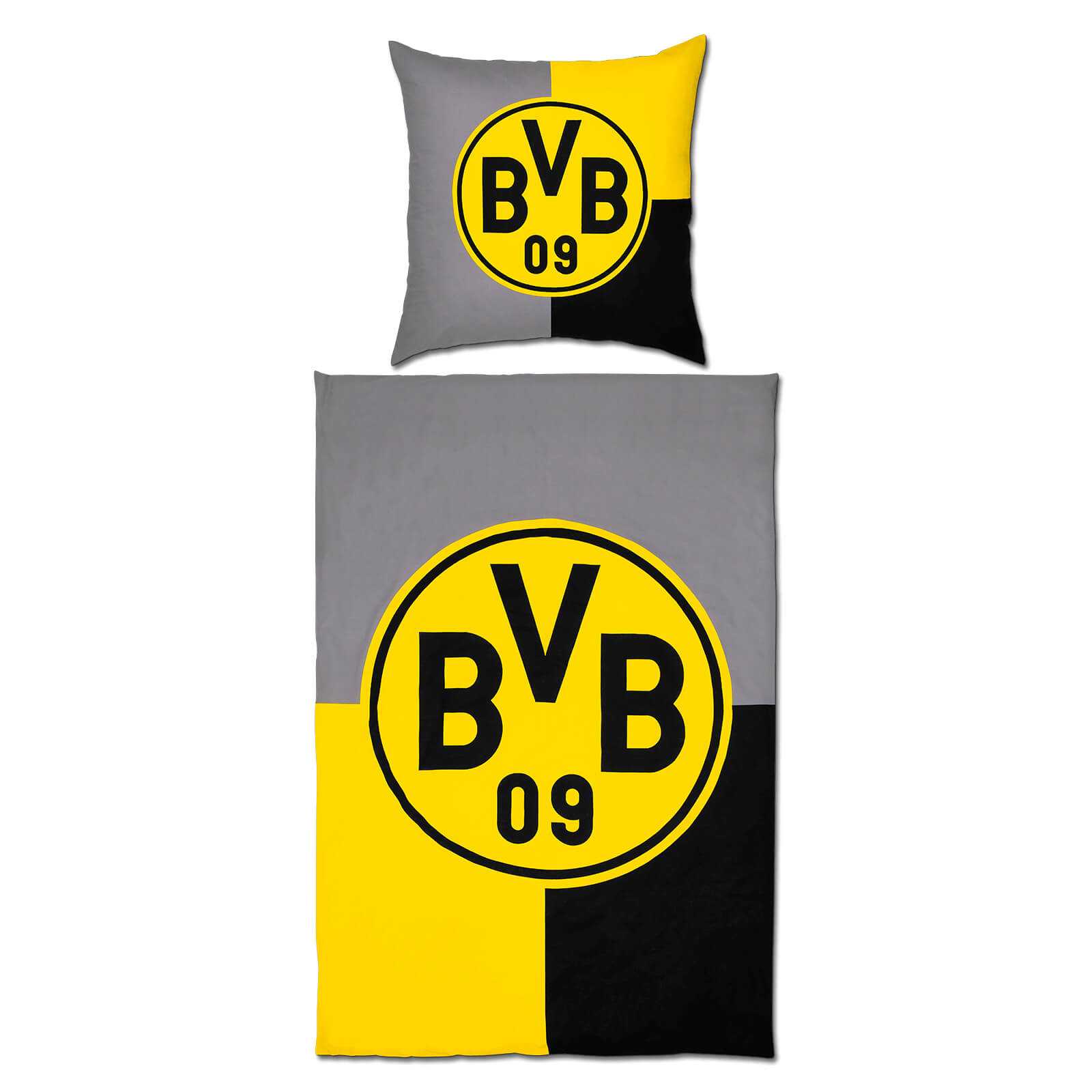 Vorderansicht der BVB Wendebettwäsche schwarzgelb mit großem BVB-Emblem auf Kissen und Decke im geteilten Design in Gelb, Schwarz und Grau.