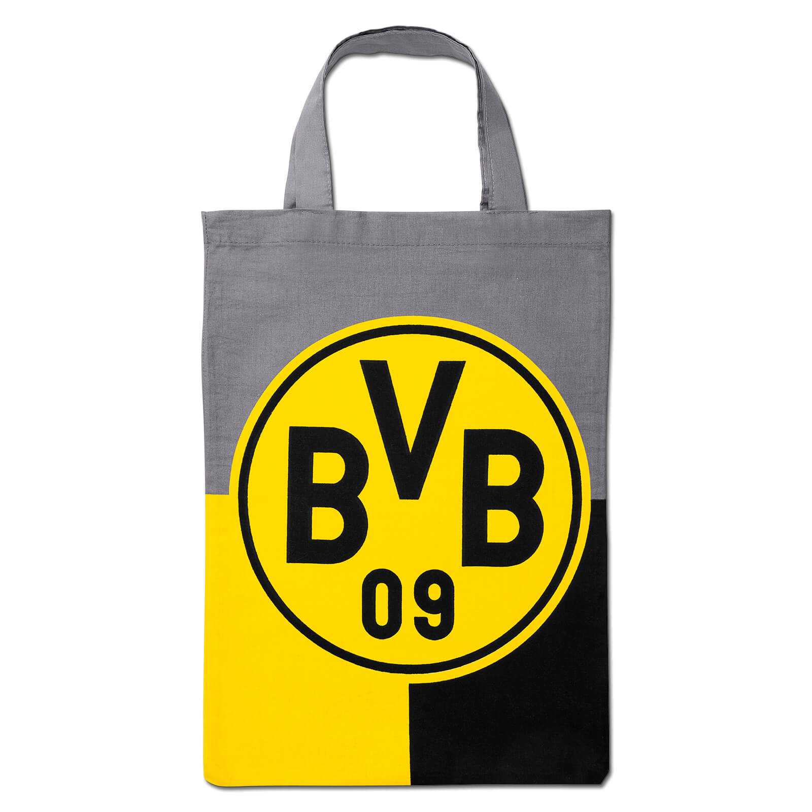 Vorderansicht der BVB Wendebettwäsche schwarzgelb mit großem BVB-Emblem, zweigeteiltem Design in Schwarz und Gelb.
