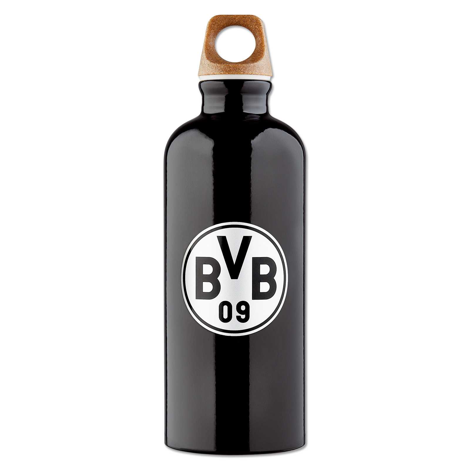 Frontansicht der BVB SIGG Trinkflasche schwarz 0,6l mit großem BVB-Emblem auf der Vorderseite und Holzakzent am Deckel.
