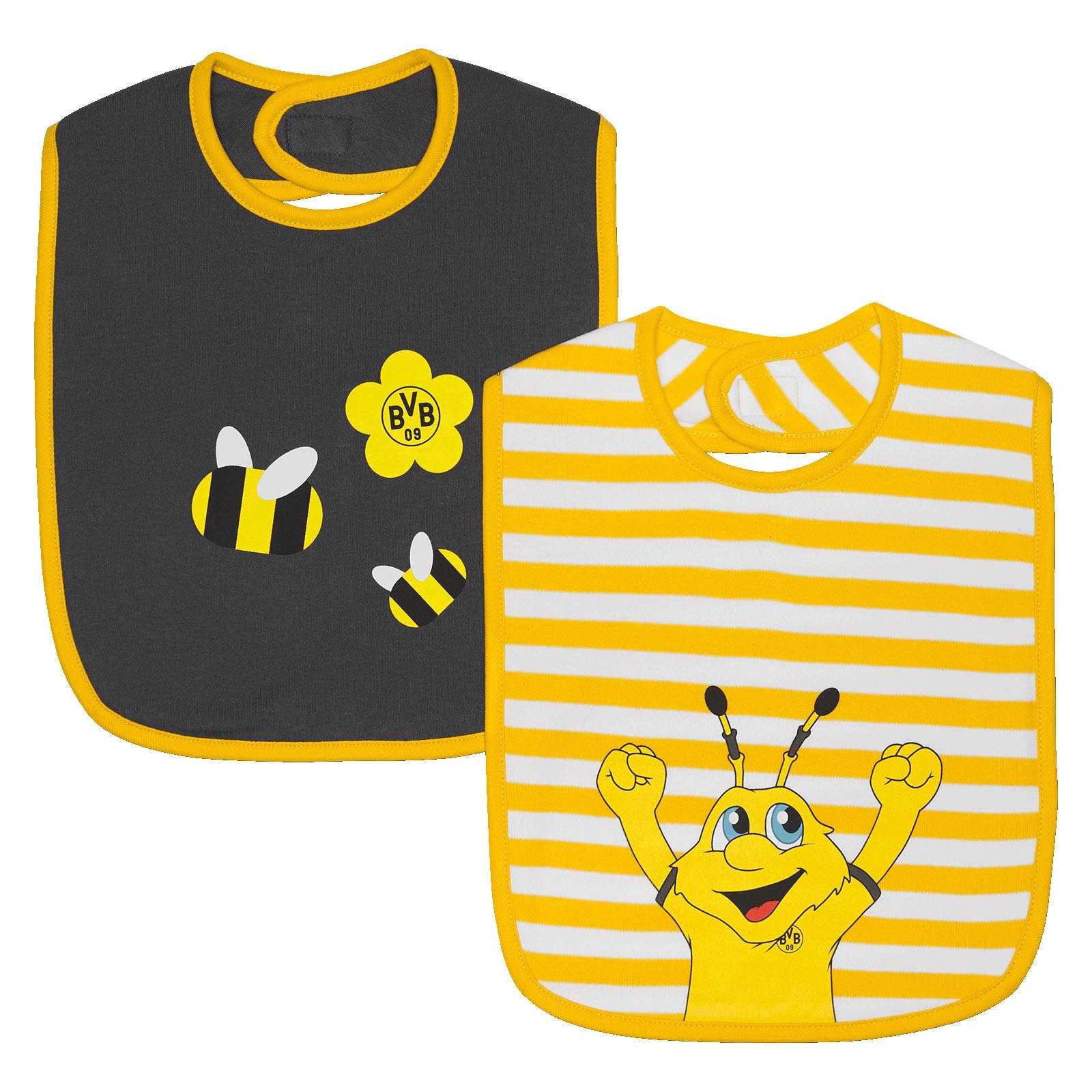 Vorderansicht des BVB Lätzchen-Set Baby, bestehend aus einem schwarzgelben Lätzchen mit Bienen und BVB-Emblem und einem gestreiften Lätzchen mit EMMA.