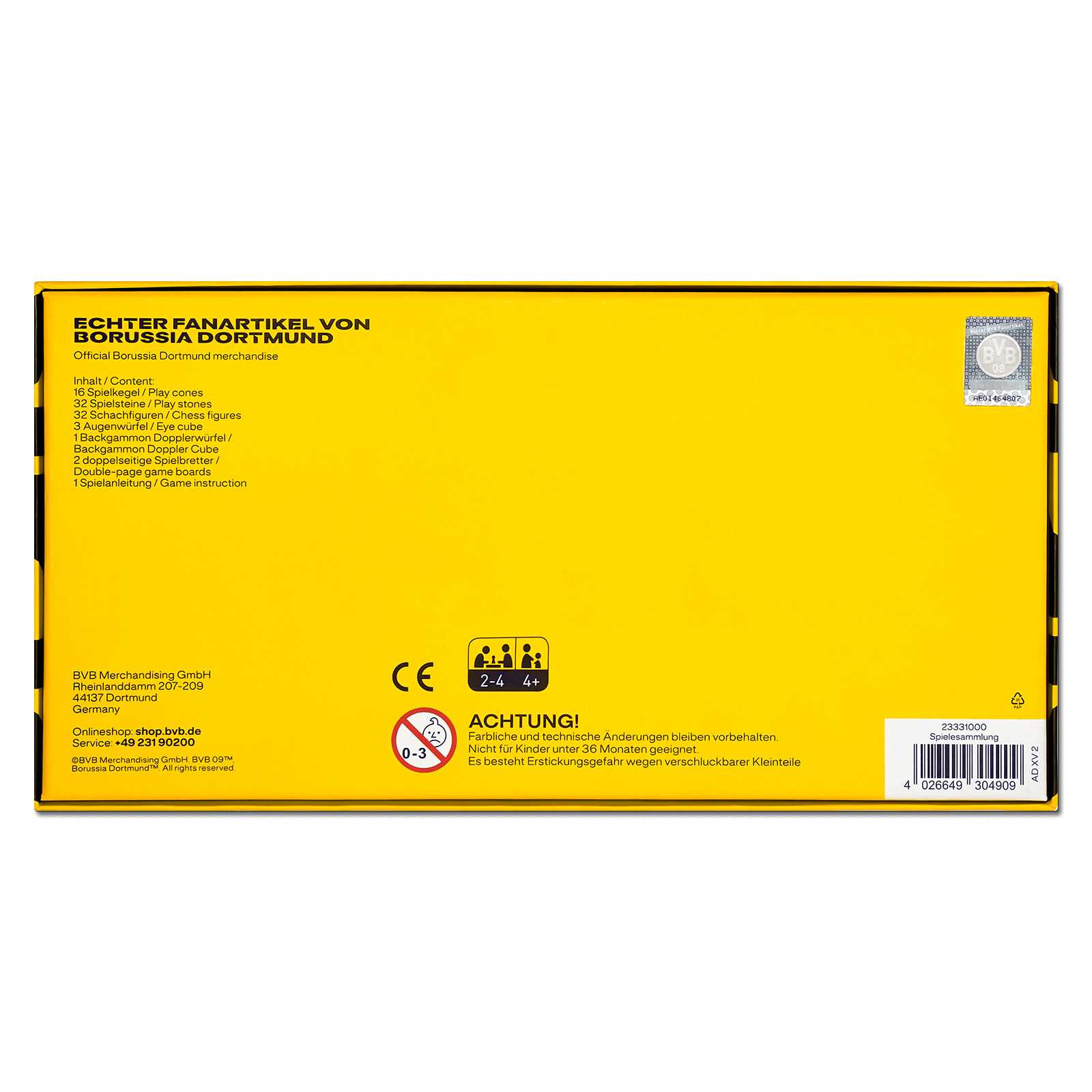 Rückansicht der gelben Verpackung der BVB Spielesammlung mit schwarzgelbem Design, Informationen zum Inhalt und sichtbarem BVB-Emblem oben rechts.