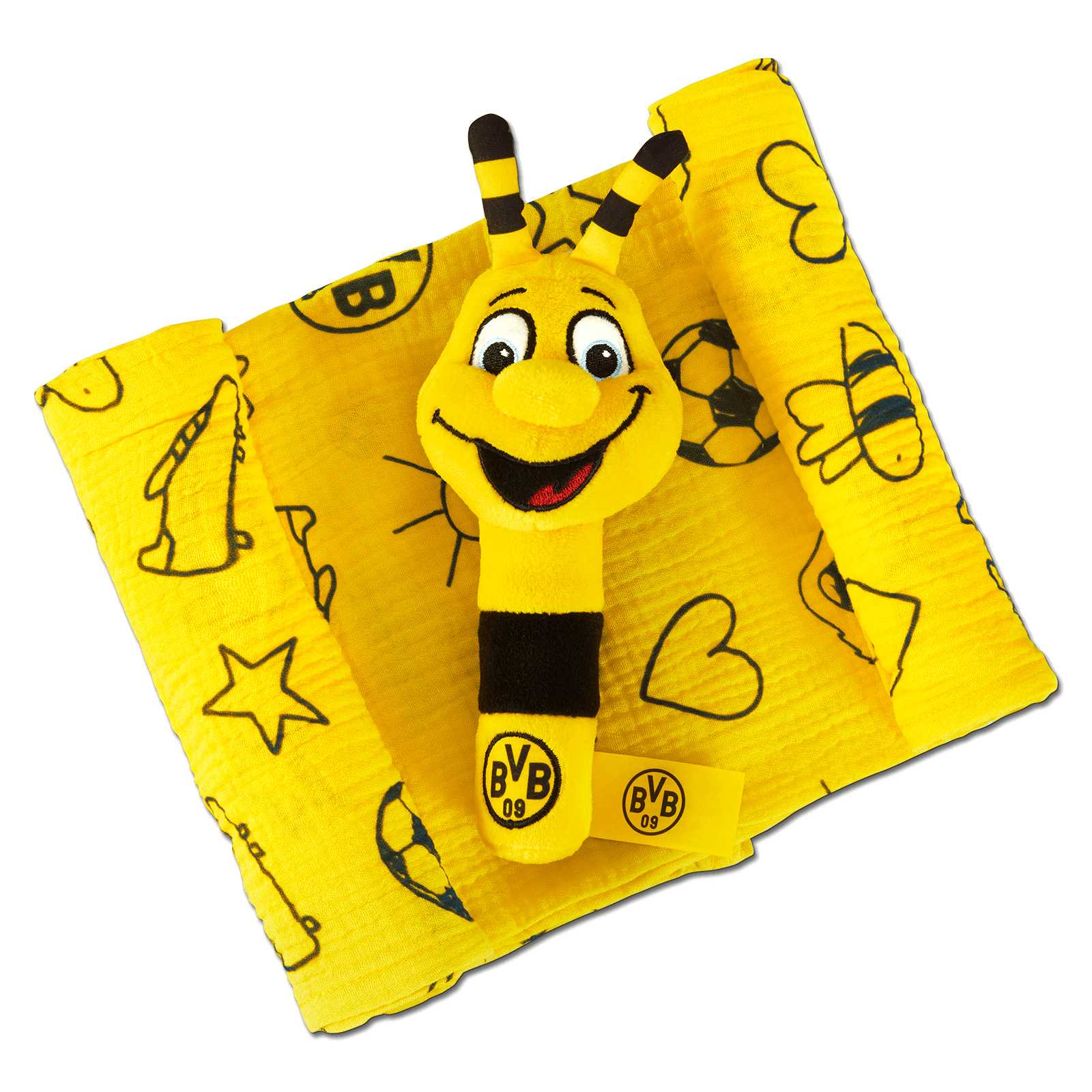 Detailansicht des BVB Geschenkset EMMA mit gelbem Stofftuch und EMMA-Rassel, beide mit schwarzgelben Motiven und BVB-Emblem versehen.