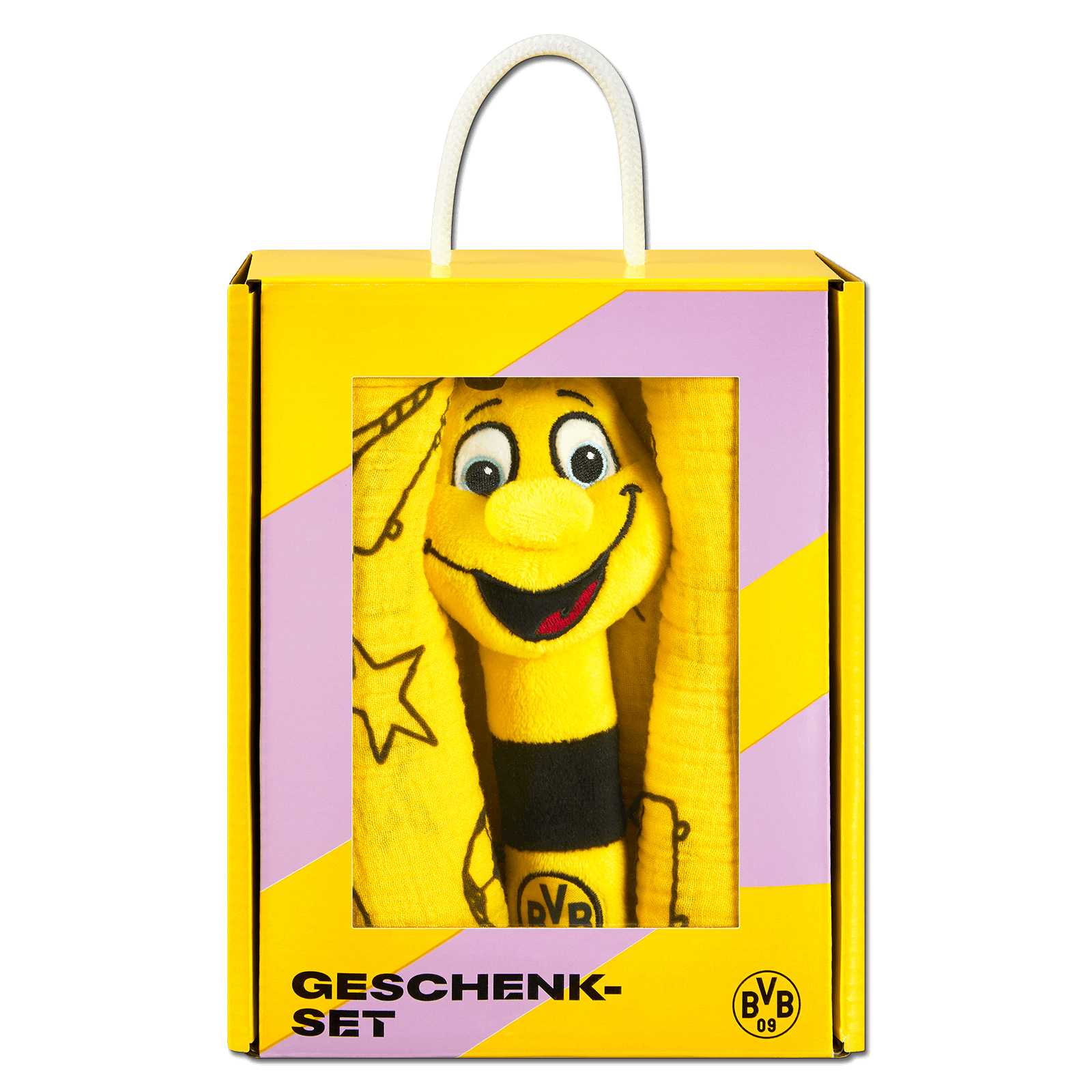 Vorderansicht des BVB Geschenkset EMMA in einer gelb-lila Box mit Sichtfenster, darin ein Plüsch-EMMA mit BVB-Emblem sichtbar.