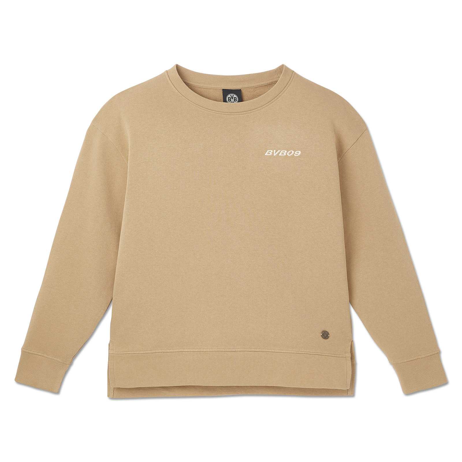 Vorderansicht des sandfarbenen BVB Delight Crewneck Frauen mit weißem BVB09-Schriftzug auf der Brust und dezentem BVB-Emblem am Saum.