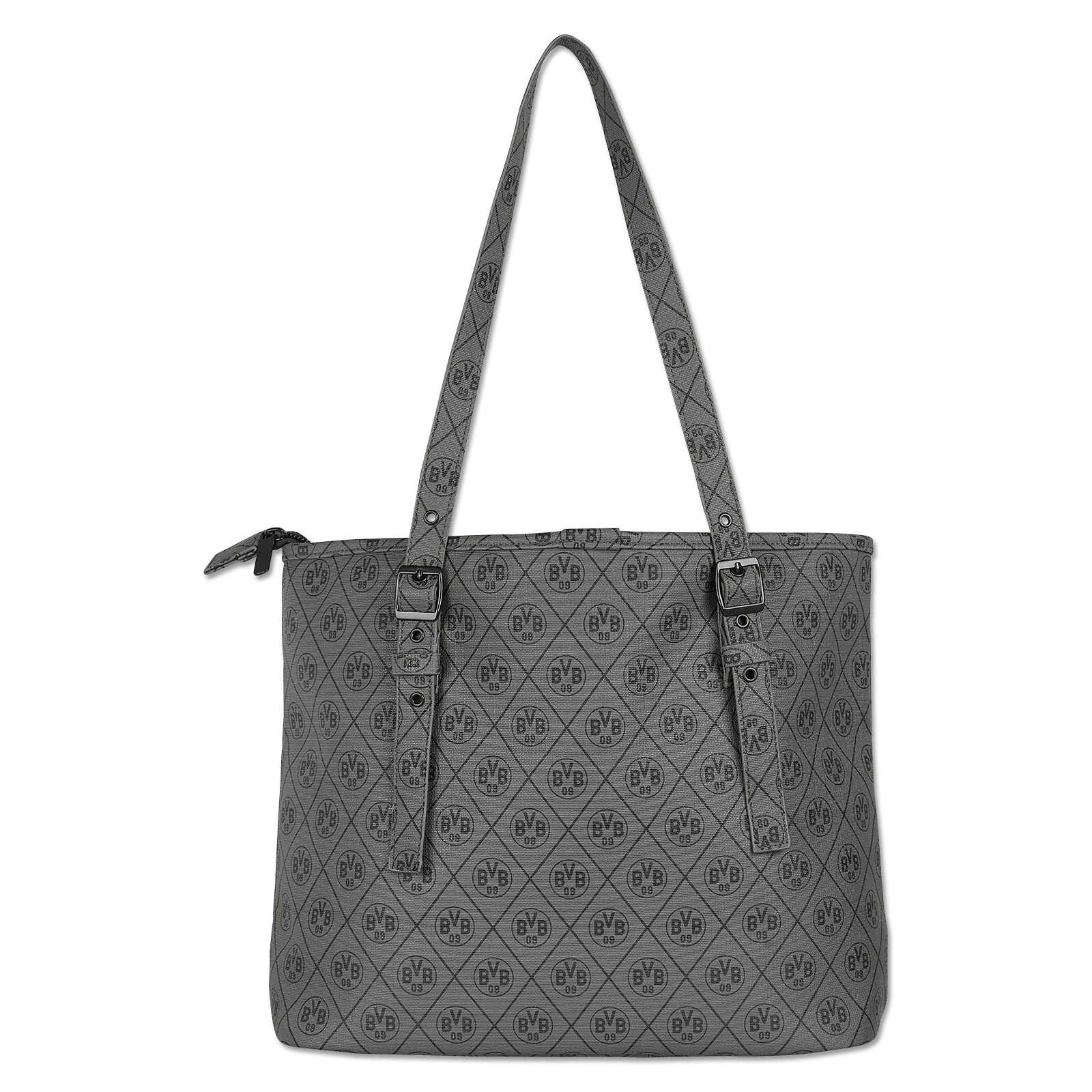 Vorderansicht der BVB Logo Shopper Tasche in Grau mit durchgehendem BVB-Emblem-Muster und zwei verstellbaren Tragehenkeln.
