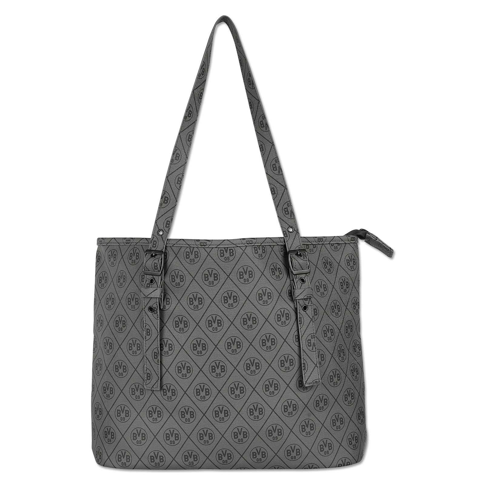 Vorderansicht der BVB Logo Shopper Tasche in Grau mit Allover-BVB-Emblem-Print und zwei langen Trageriemen.
