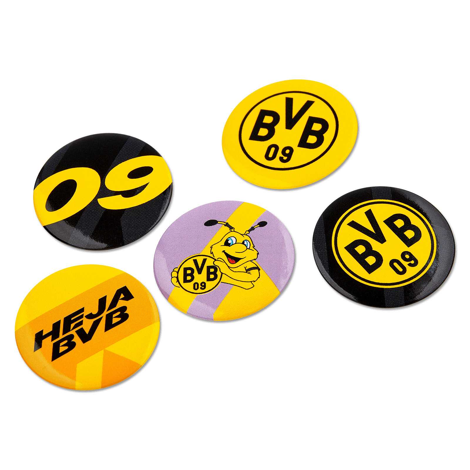 BVB Ansteckbutton (5er Set) in der Aufsicht, verschiedene Designs in schwarzgelb mit BVB-Emblem, EMMA und Schriftzügen wie "HEJA BVB" und "09".
