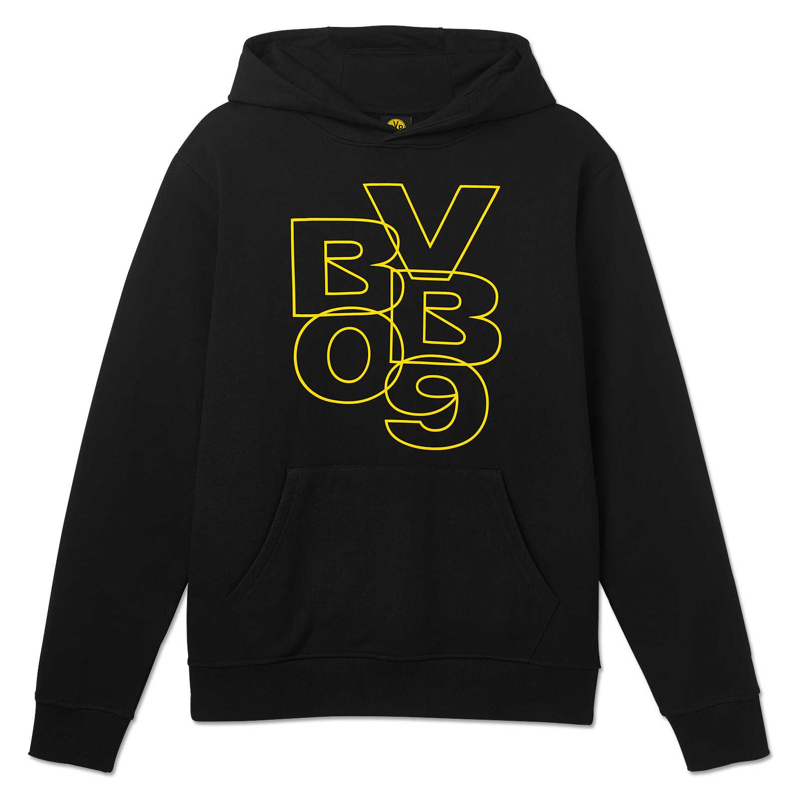 Vorderansicht des BVB Base Hoodie schwarz mit großem gelbem "BVB 09"-Schriftzug auf der Brust und sichtbarer Kängurutasche.