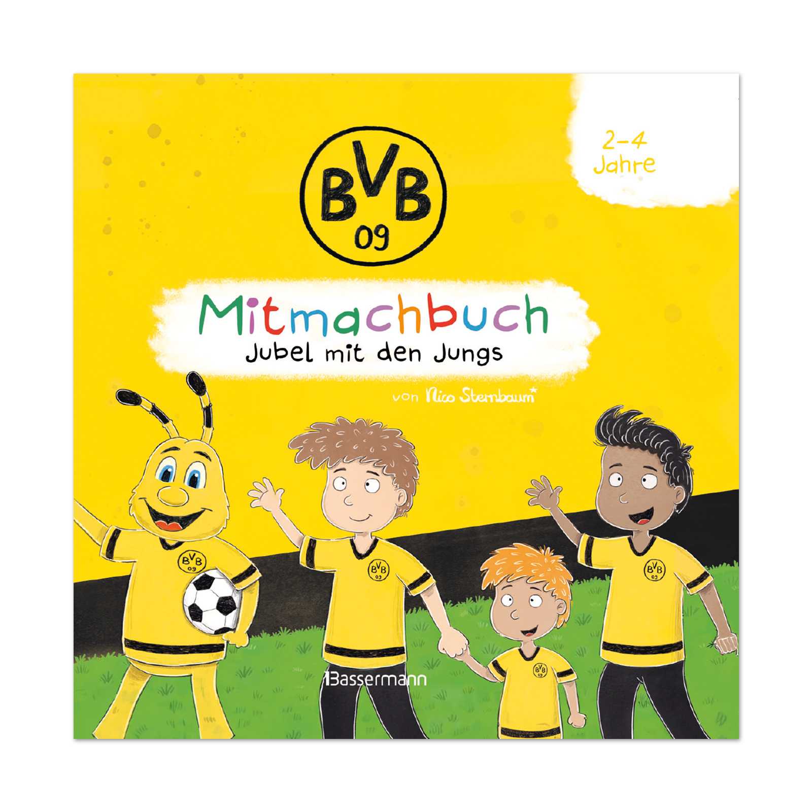 Vorderansicht des BVB Mitmachbuchs mit EMMA und drei jubelnden Kindern in schwarzgelben Trikots, BVB-Emblem auf dem Cover sichtbar.