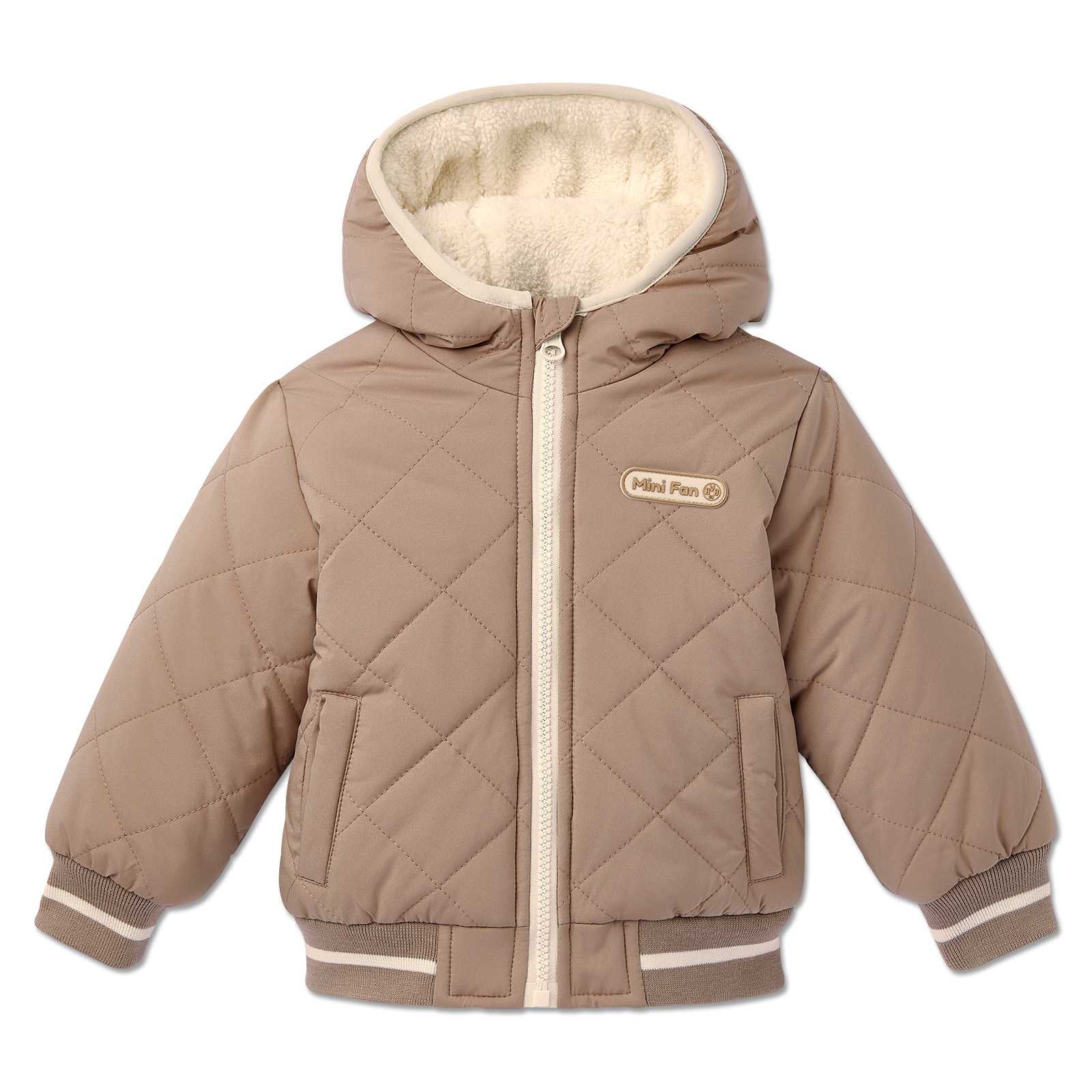 Vorderansicht der BVB Winterjacke Baby in Beige mit gestepptem Muster, Kapuze und Aufnäher "Mini Fan" auf der Brust, ohne sichtbares BVB-Emblem.