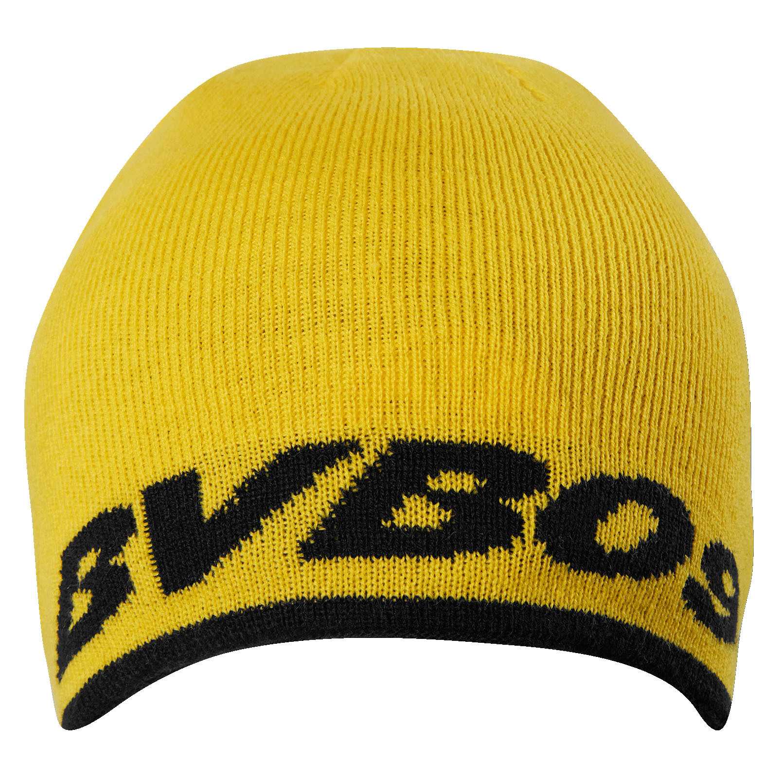 Vorderansicht der BVB Logo Beanie wendbar in schwarzgelb mit großem "BVB09"-Schriftzug am Saum. Die Mütze ist gelb mit schwarzem Rand.
