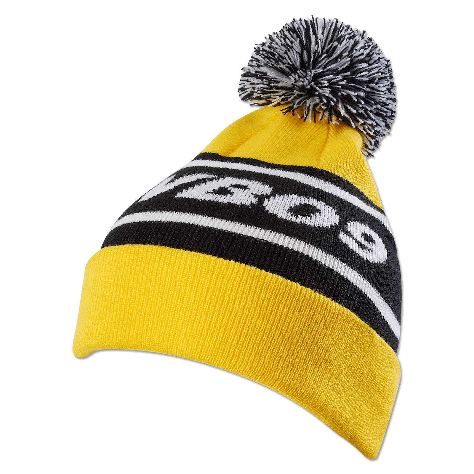 Vorderansicht der schwarzgelben BVB Bommelmütze BVB09 mit auffälligem Bommel und großem “BVB09”-Schriftzug auf schwarzem Streifen.